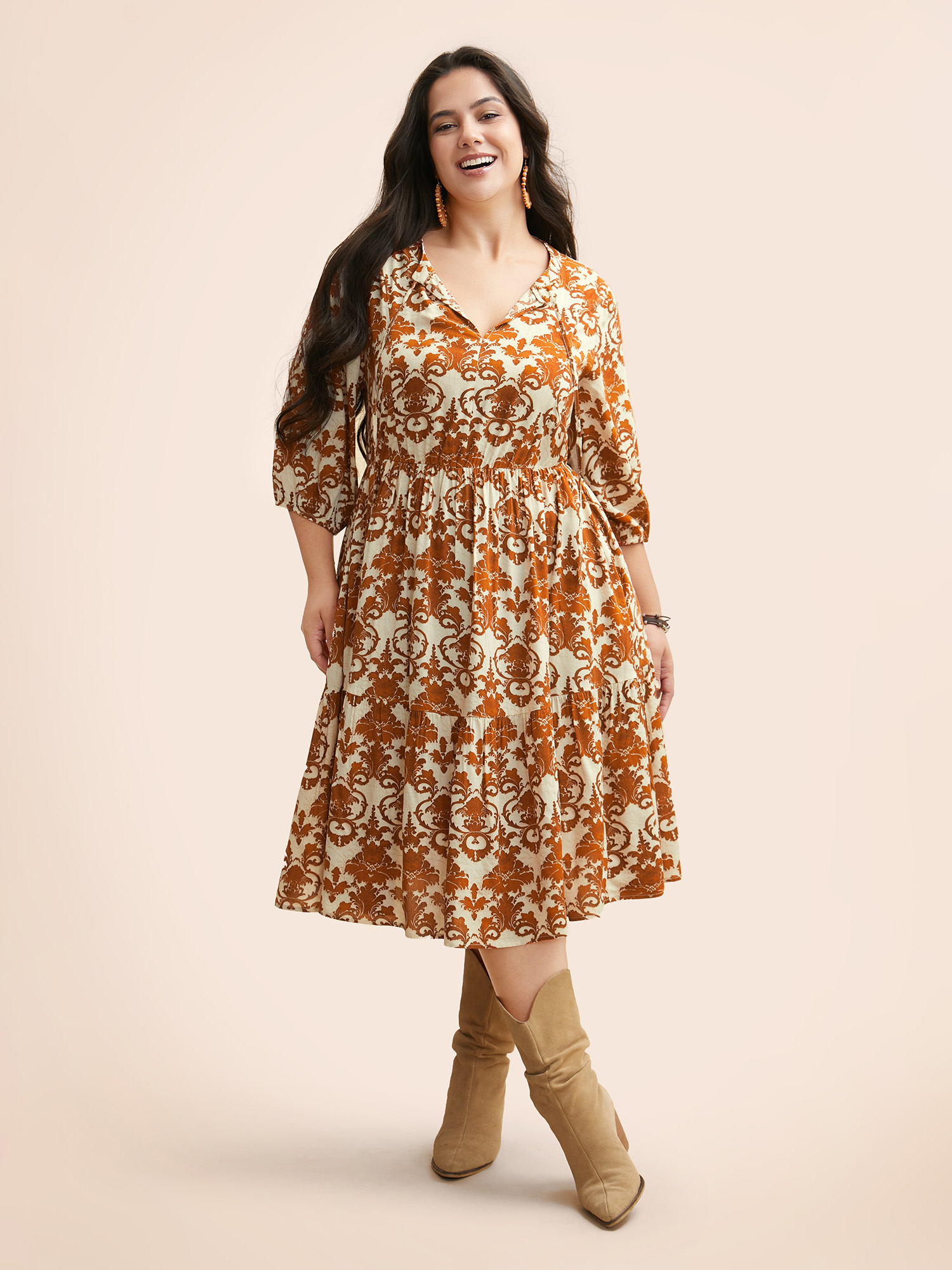 

Plus Size Damask Print Tie Knot Puff Sleeve Dress Russet Women Resort Tie knot V-neck Elbow-length sleeve Curvy BloomChic