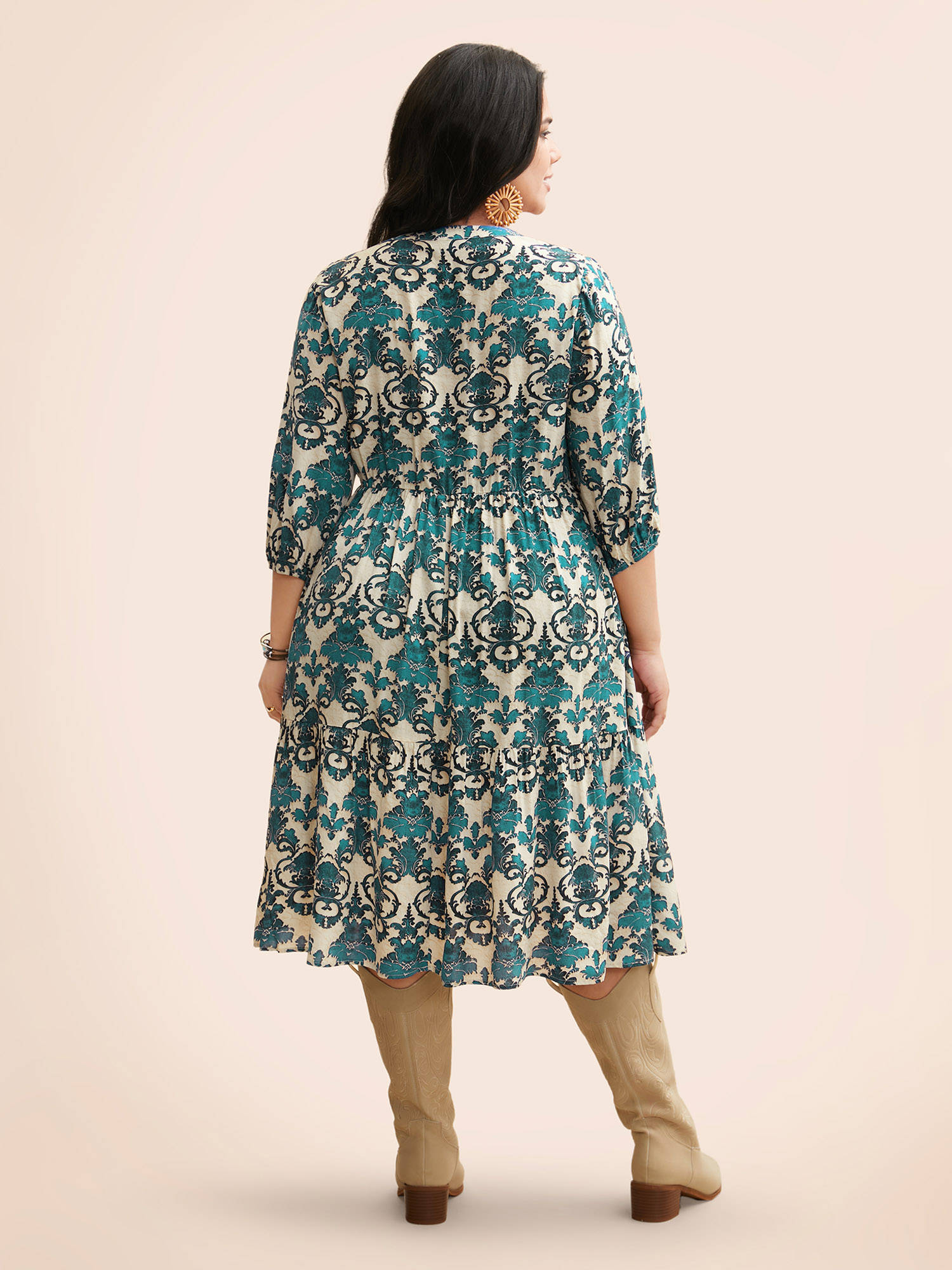 

Plus Size Boho Print Tie Knot Puff Sleeve Dress Emerald Women Resort Tie knot V-neck Elbow-length sleeve Curvy BloomChic