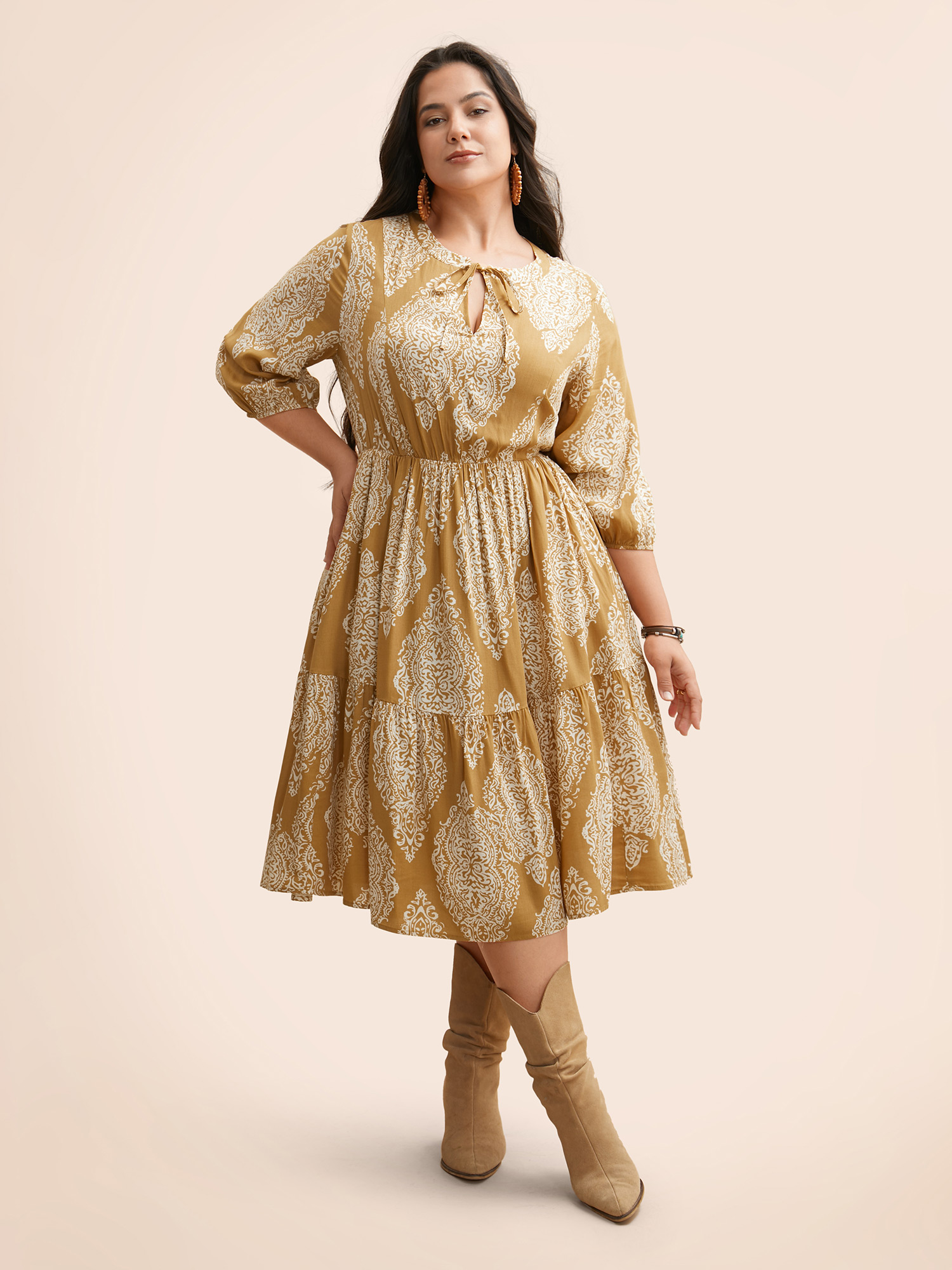 

Plus Size Boho Print Tie Knot Puff Sleeve Dress Bronze Women Resort Tie knot V-neck Elbow-length sleeve Curvy BloomChic