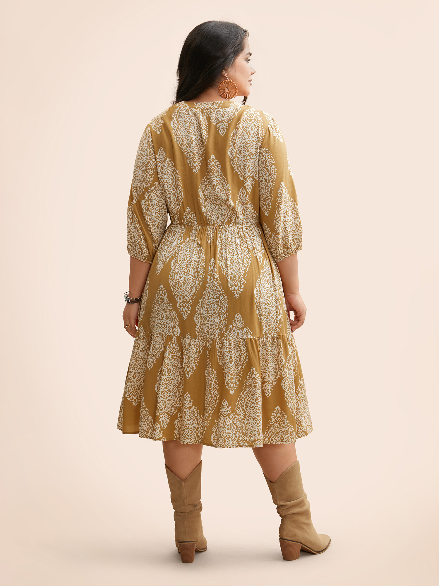 

Plus Size Boho Print Tie Knot Puff Sleeve Dress Bronze Women Resort Tie knot V-neck Elbow-length sleeve Curvy BloomChic