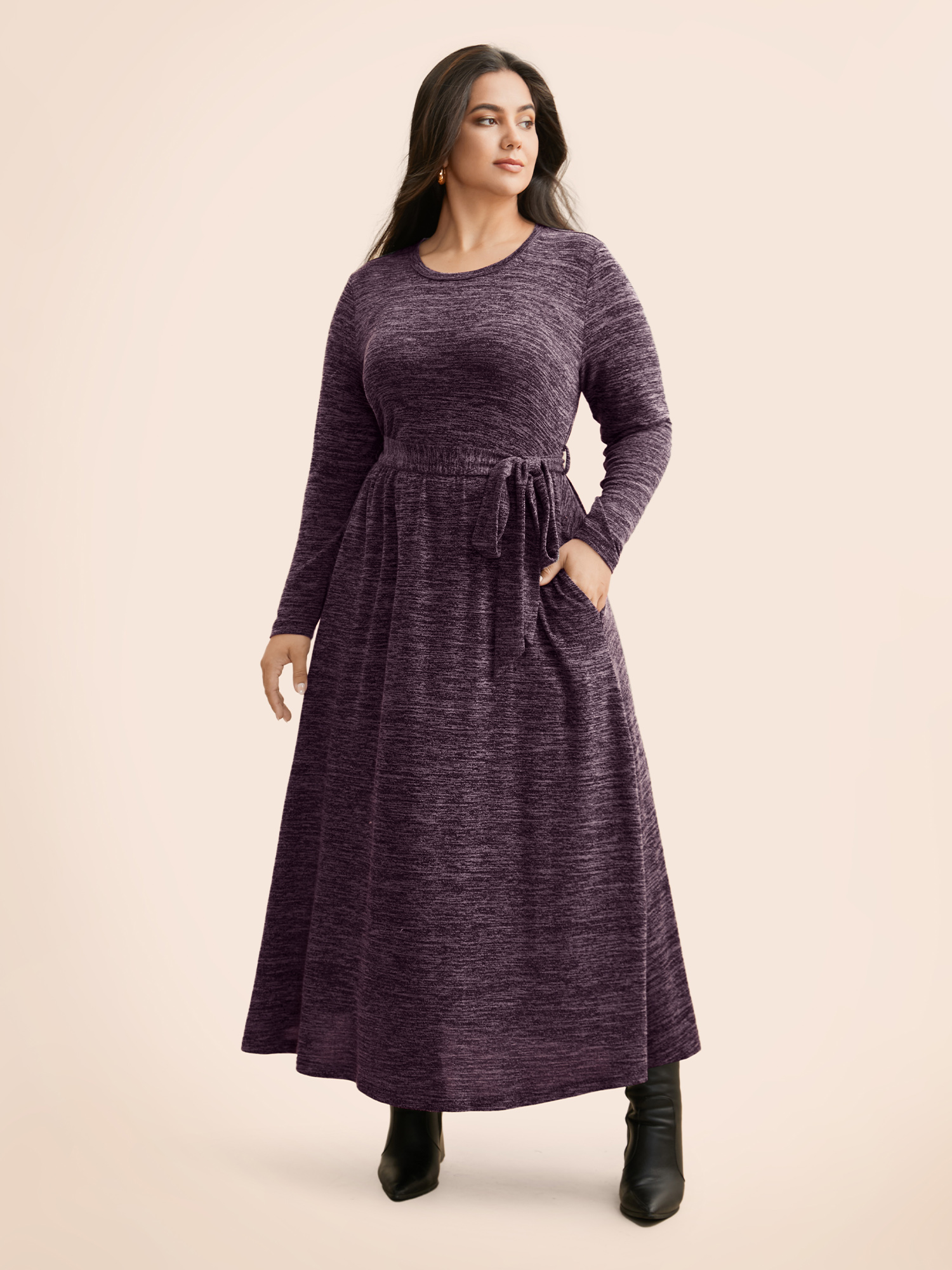 

Plus Size Round Neck Heather Belted Dress Deeppurplered Women At the Office Texture Round Neck Long Sleeve Curvy BloomChic