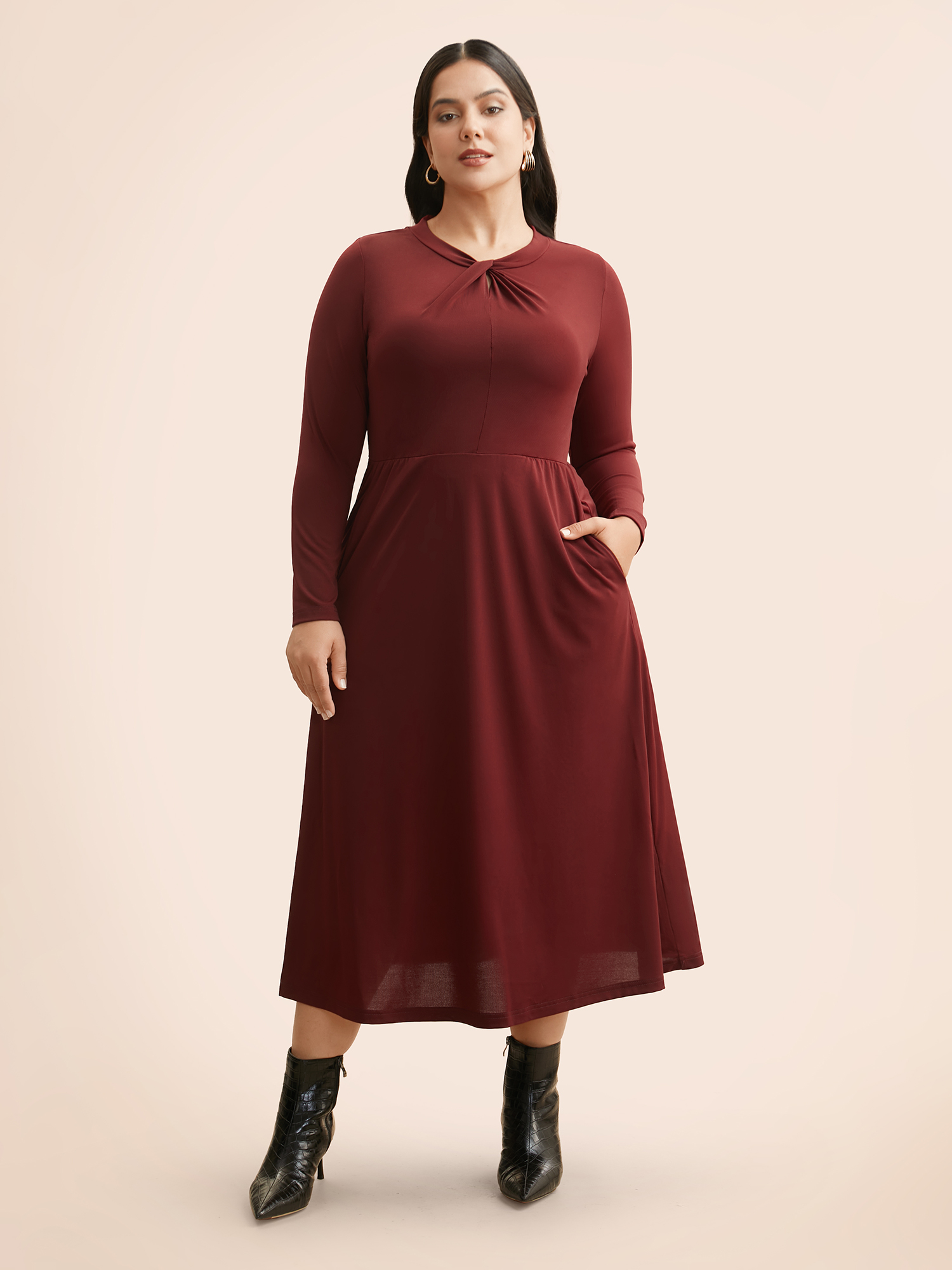 

Plus Size Plain Twist Neck Midi Dress Burgundy Women At the Office Twist Asymmetrical Neck Long Sleeve Curvy BloomChic