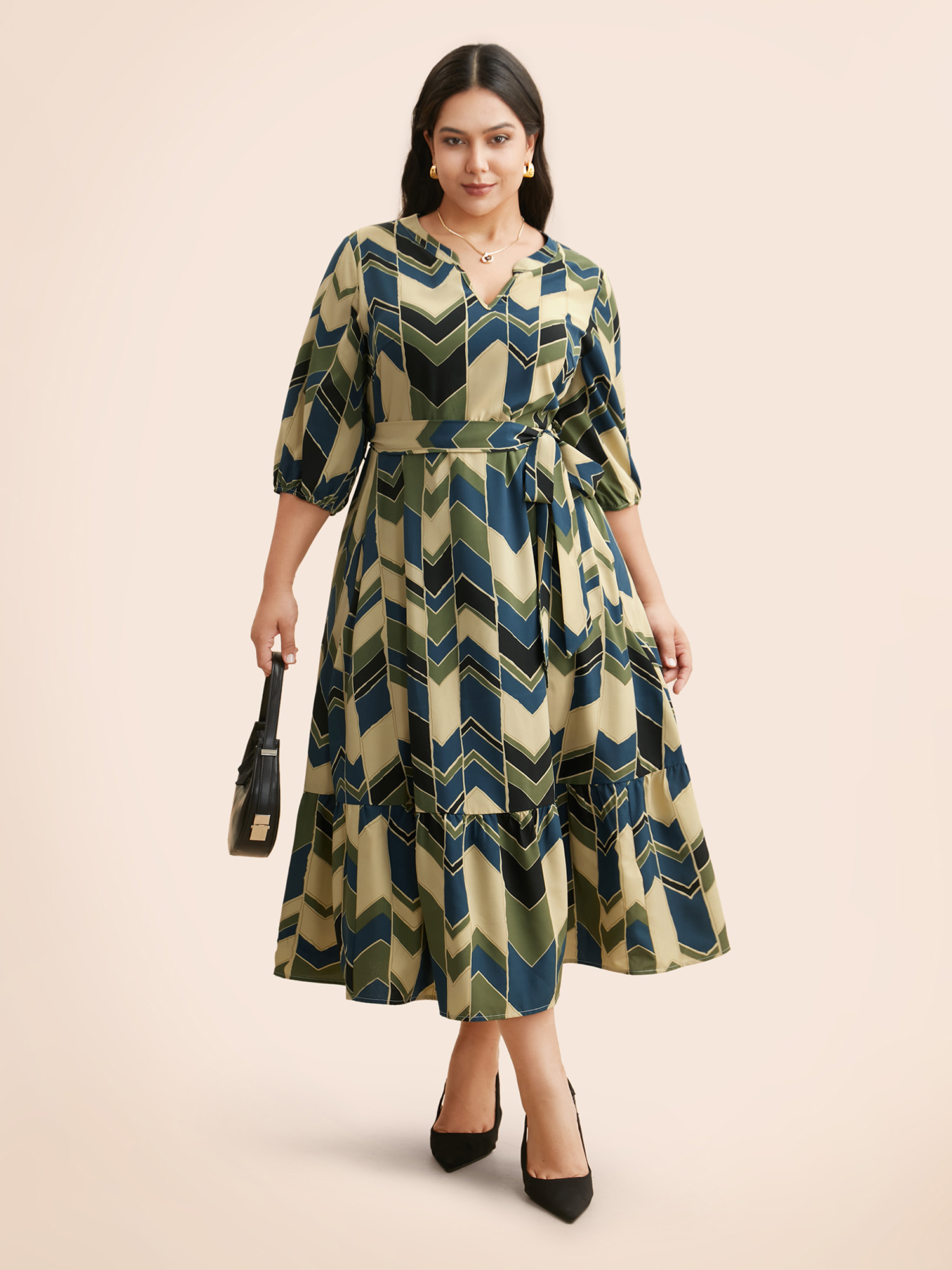 

Plus Size Geometric Contrast Lantern Sleeve Dress Moss Women At the Office Belted Flat collar with V-notch Elbow-length sleeve Curvy BloomChic