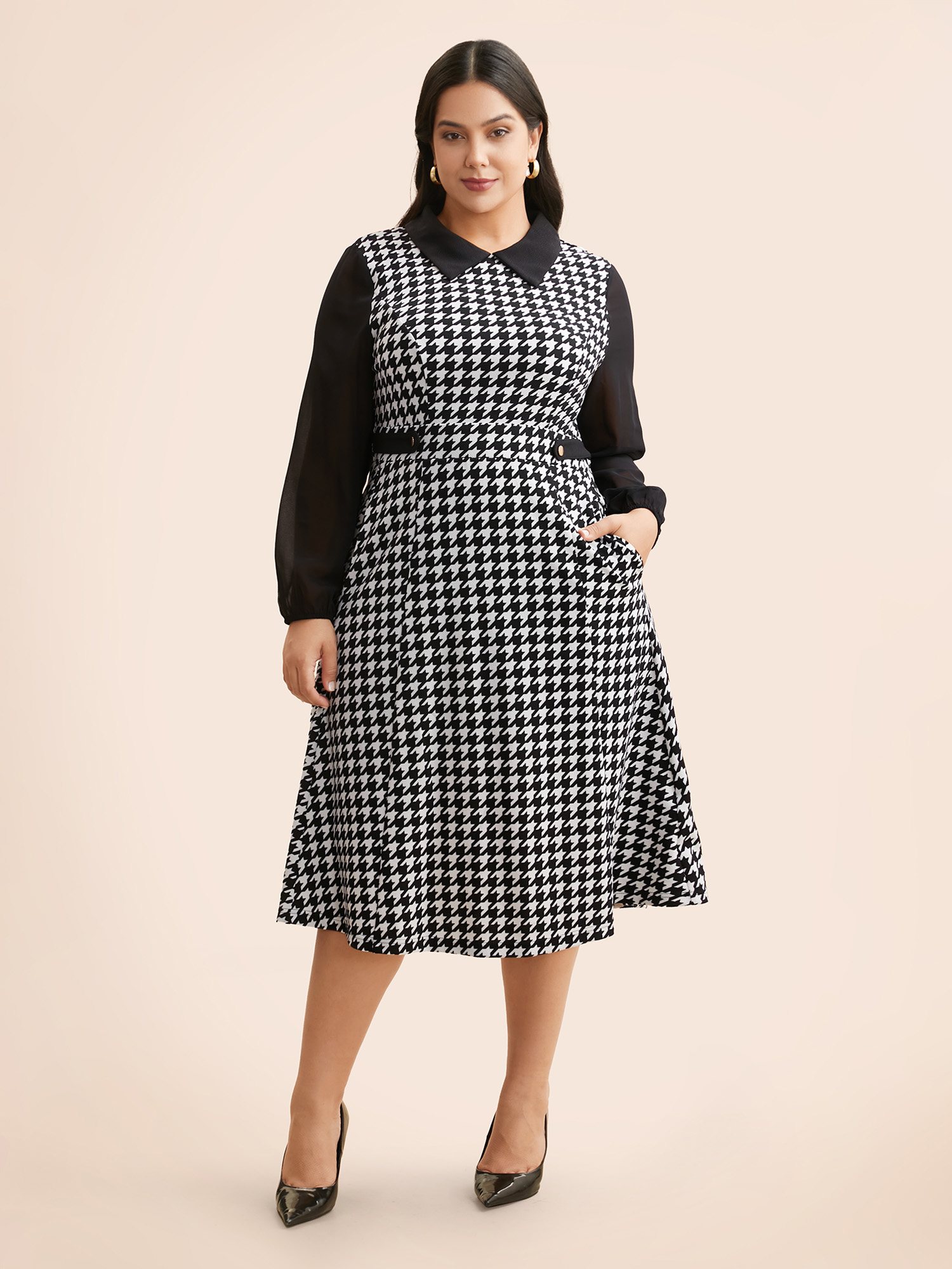 

Plus Size Houndstooth Contrast Patchwork Pocket Dress Black Women At the Office Contrast Shirt collar Long Sleeve Curvy BloomChic