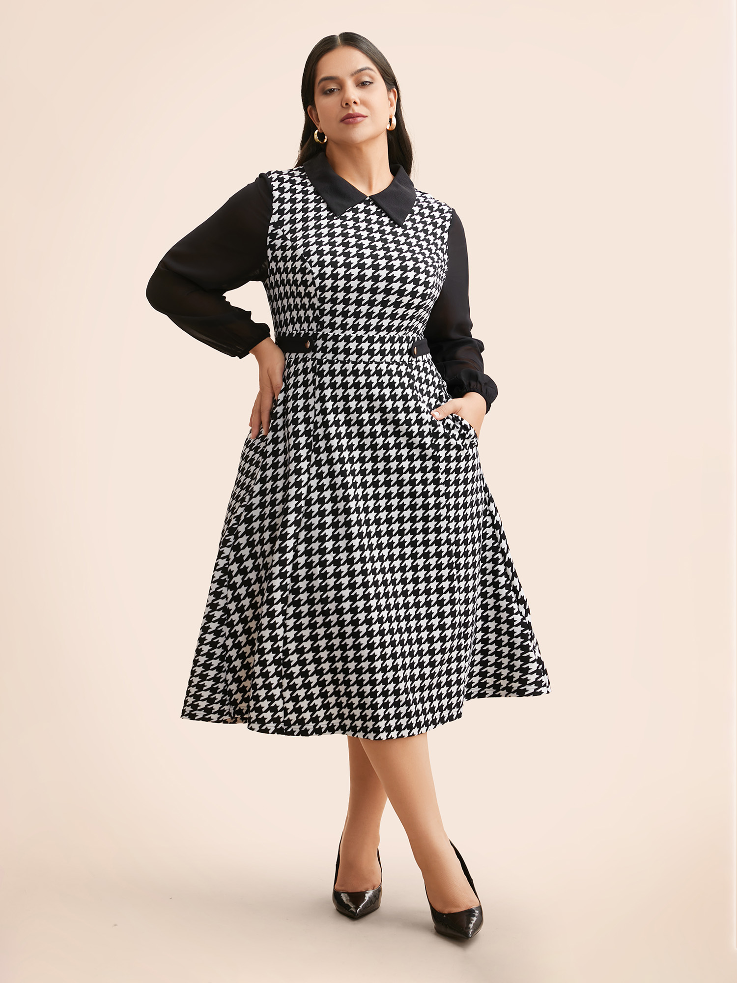 

Plus Size Houndstooth Contrast Patchwork Pocket Dress Black Women At the Office Contrast Shirt collar Long Sleeve Curvy BloomChic