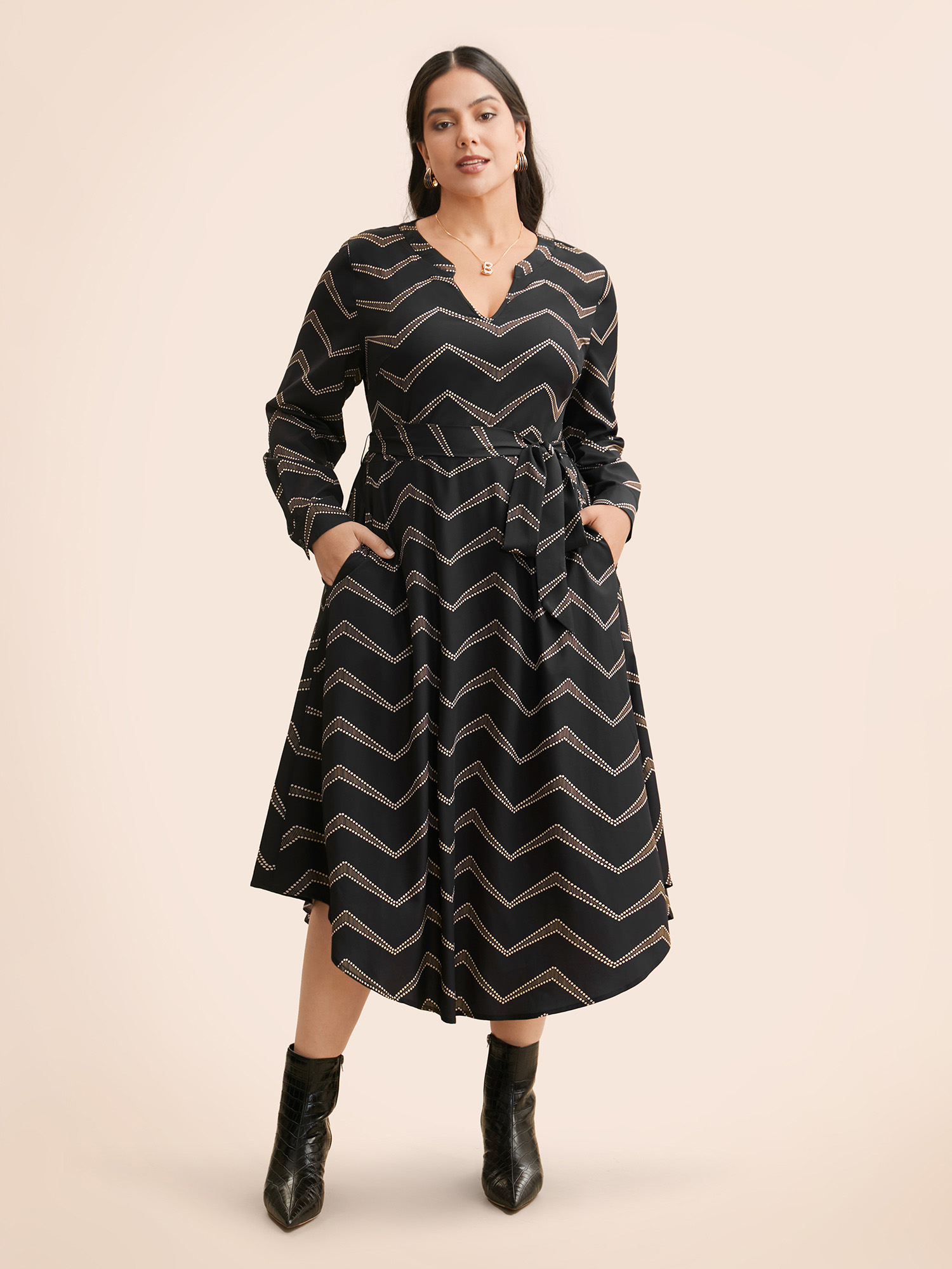 

Plus Size Geometric Notched Belted Midi Dress Black Women At the Office Belted Flat collar with V-notch Long Sleeve Curvy BloomChic