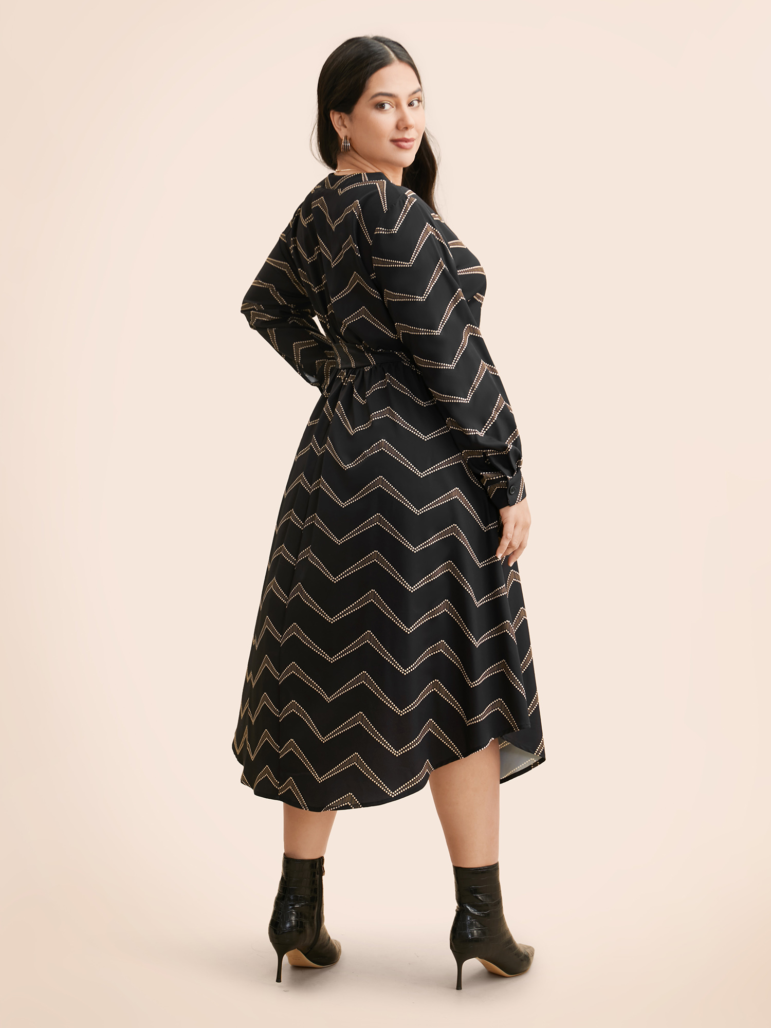 

Plus Size Geometric Notched Belted Midi Dress Black Women At the Office Belted Flat collar with V-notch Long Sleeve Curvy BloomChic