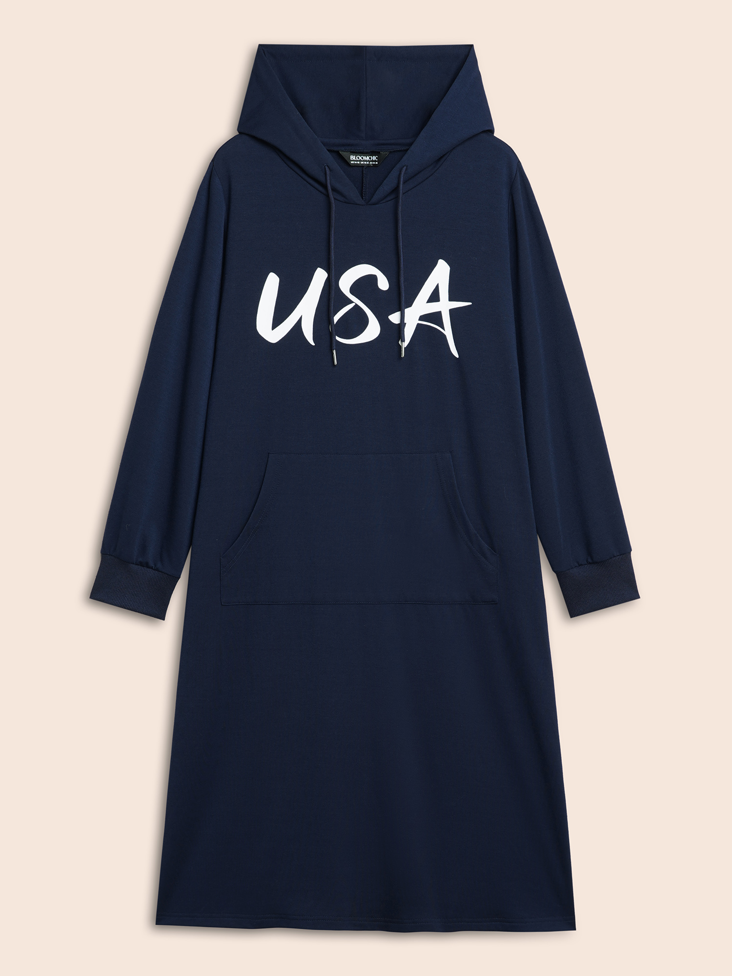 

Plus Size USA Print Hooded Pocket Dress Midnight Women Casual Non Hooded Long Sleeve Curvy BloomChic