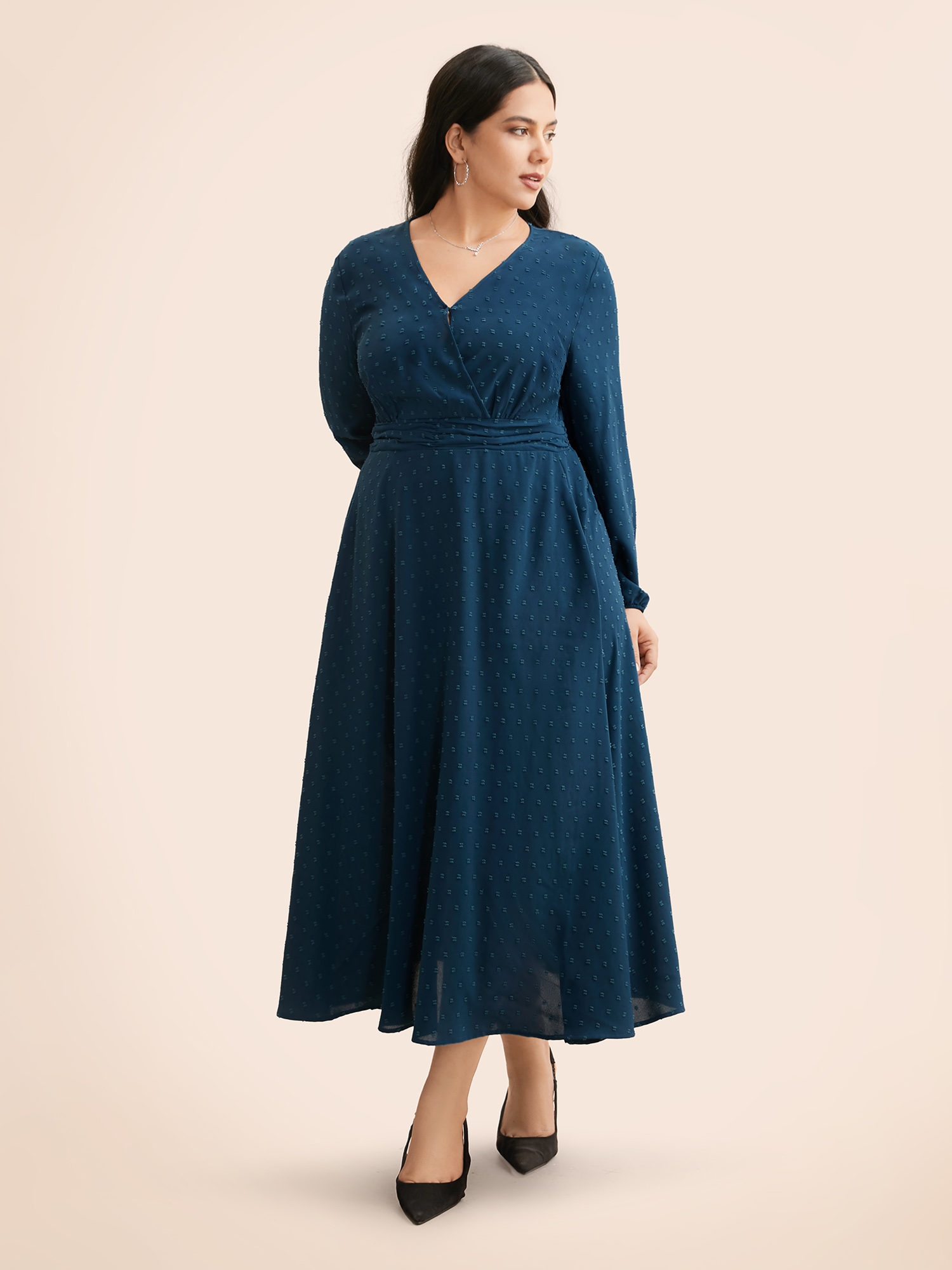 

Plus Size Overlap Collar Textured Ruched Dress Aegean Women Elegant Texture Overlap Collar Long Sleeve Curvy BloomChic