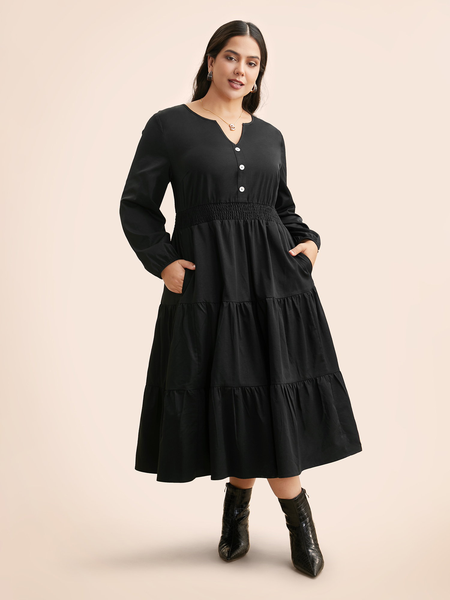 

Plus Size Notched Button Detail Ruffle Layered Hem Dress Black Women At the Office Button Flat collar with V-notch Long Sleeve Curvy BloomChic