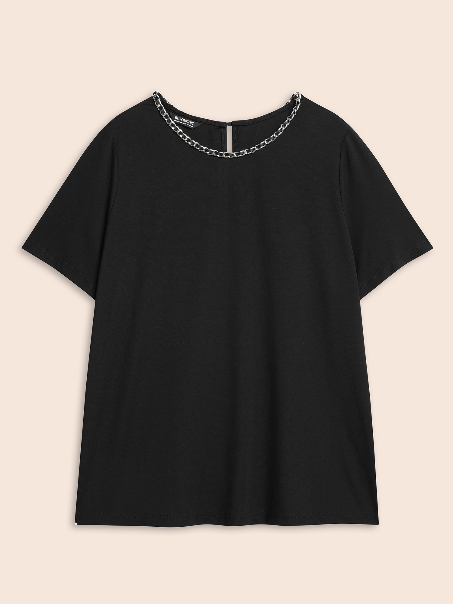 Plus Size Crew Neck Metal Chain Detail T-shirt Black Women Casual Non Round Neck Everyday T-shirts BloomChic 26/4X 