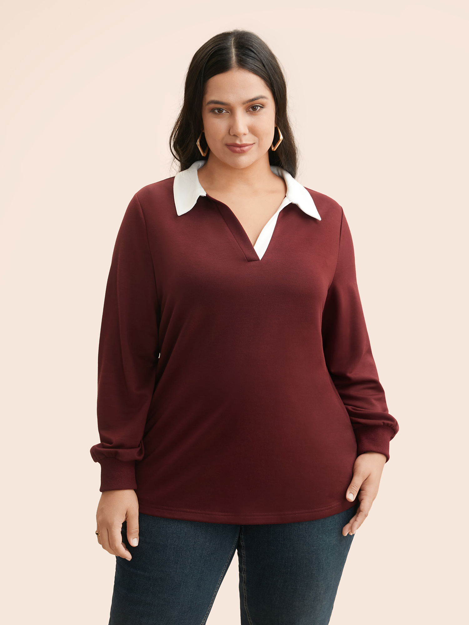 

Plus Size Polo Neck Contrast Patchwork Sweatshirt Women Burgundy Casual Contrast Polo Everyday Sweatshirts BloomChic