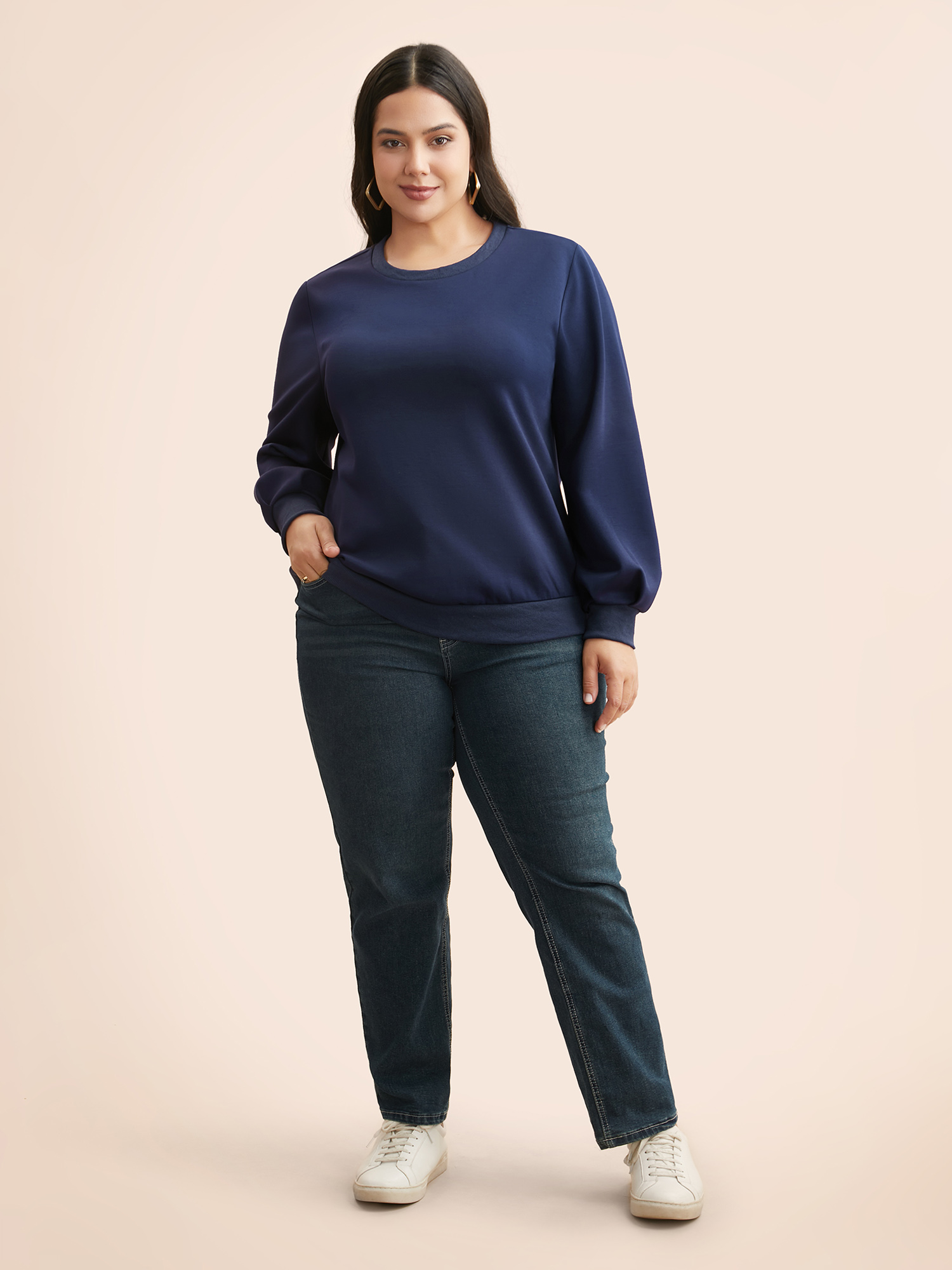 Plus Size Supersoft Essentials Cut Out Sweatshirt Women Navy Casual Patchwork Round Neck Everyday Sweatshirts BloomChic 26/4X 