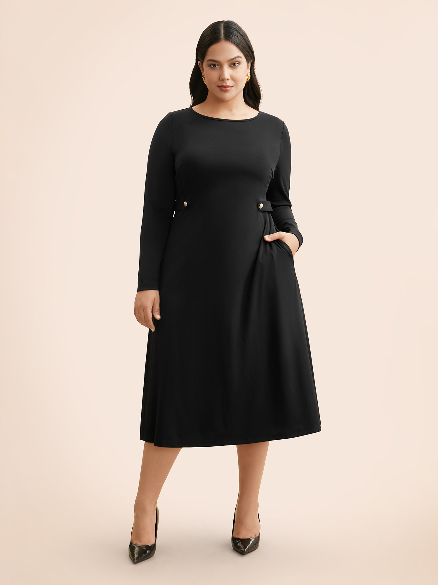 

Plus Size Crew Neck Button Detail Dress Black Women At the Office Button Round Neck Long Sleeve Curvy BloomChic