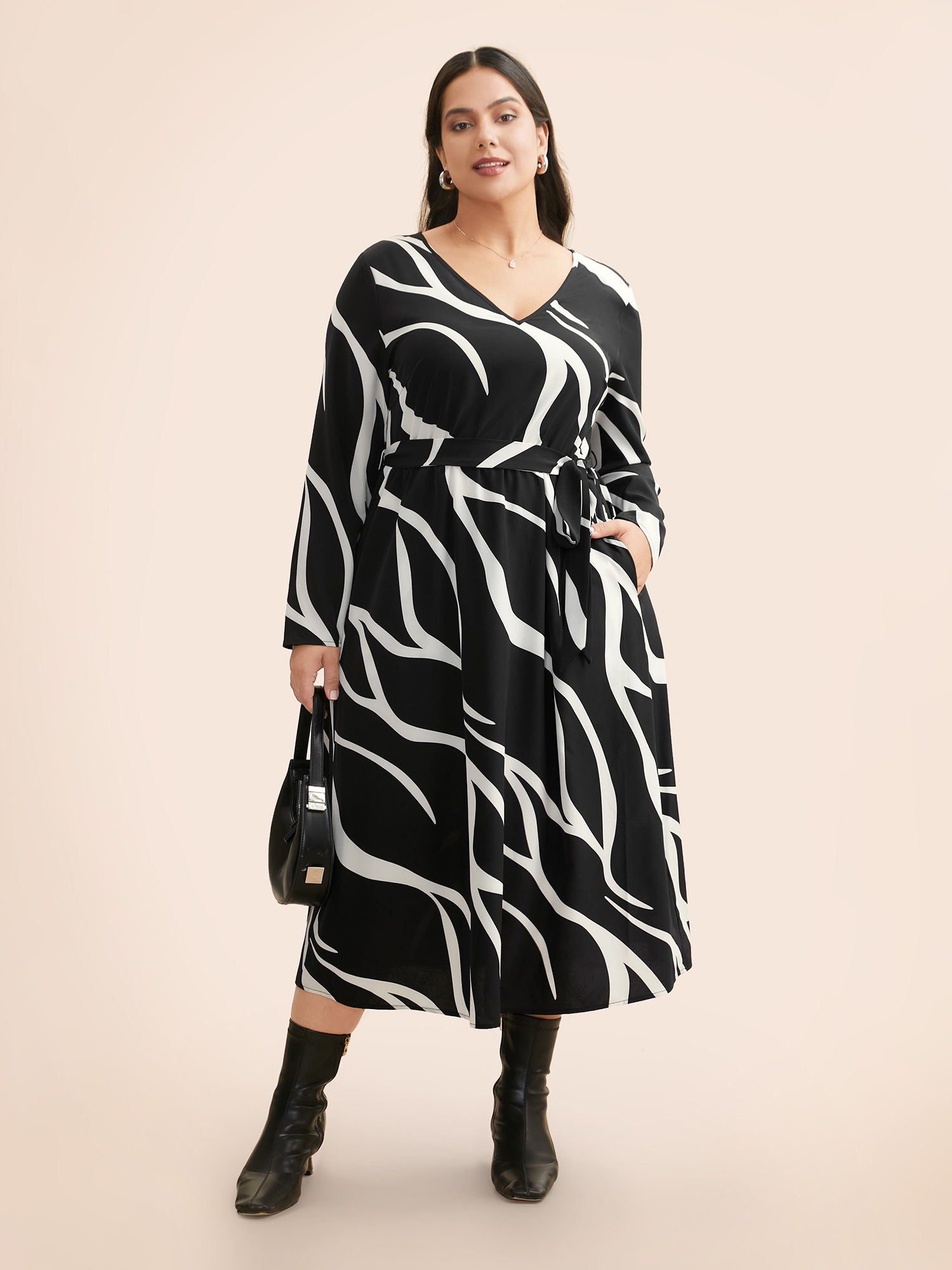 

Plus Size V Neck Geometric Belted Dress Black Women At the Office Belted V-neck Long Sleeve Curvy BloomChic