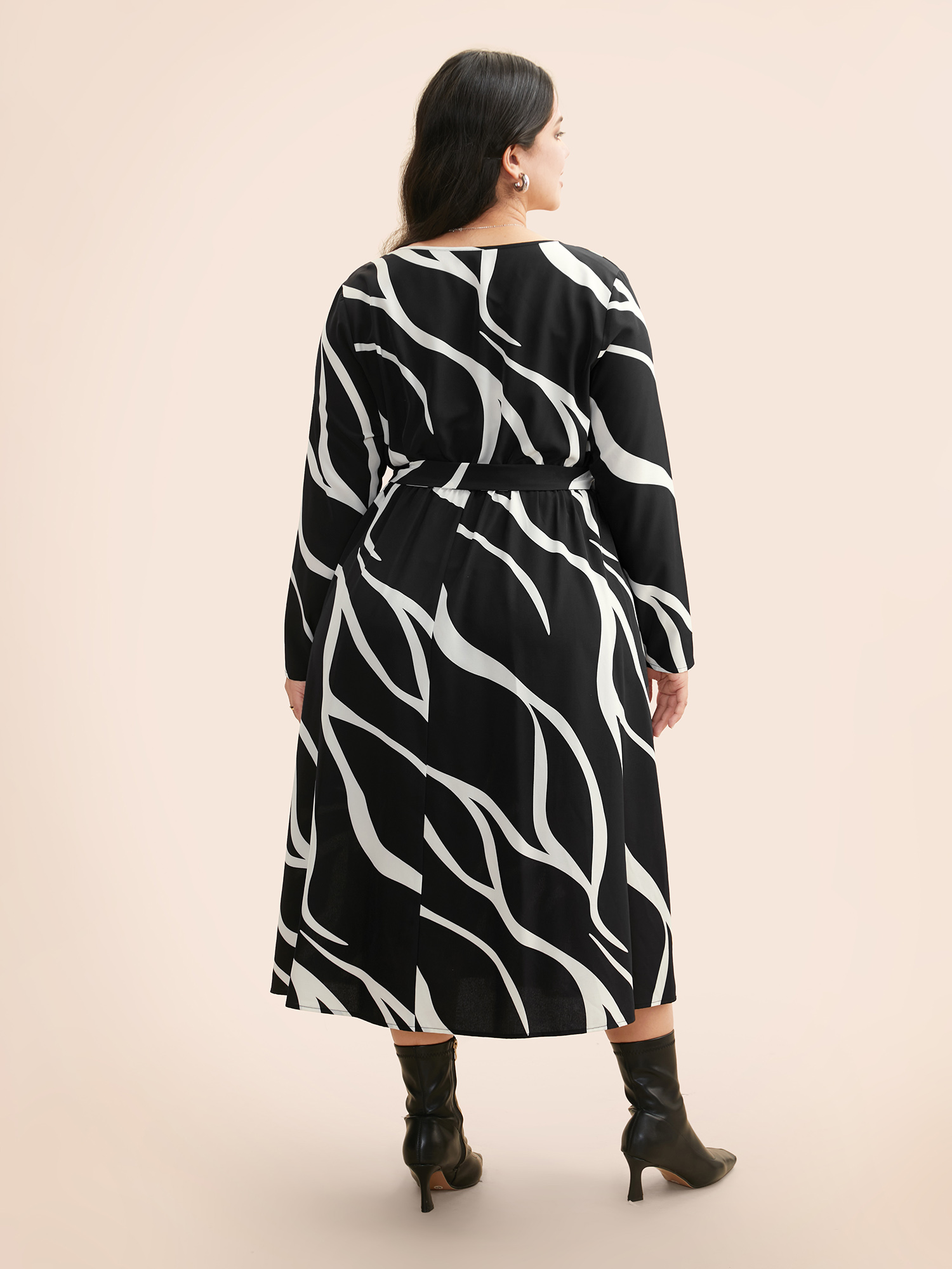 

Plus Size V Neck Geometric Belted Dress Black Women At the Office Belted V-neck Long Sleeve Curvy BloomChic