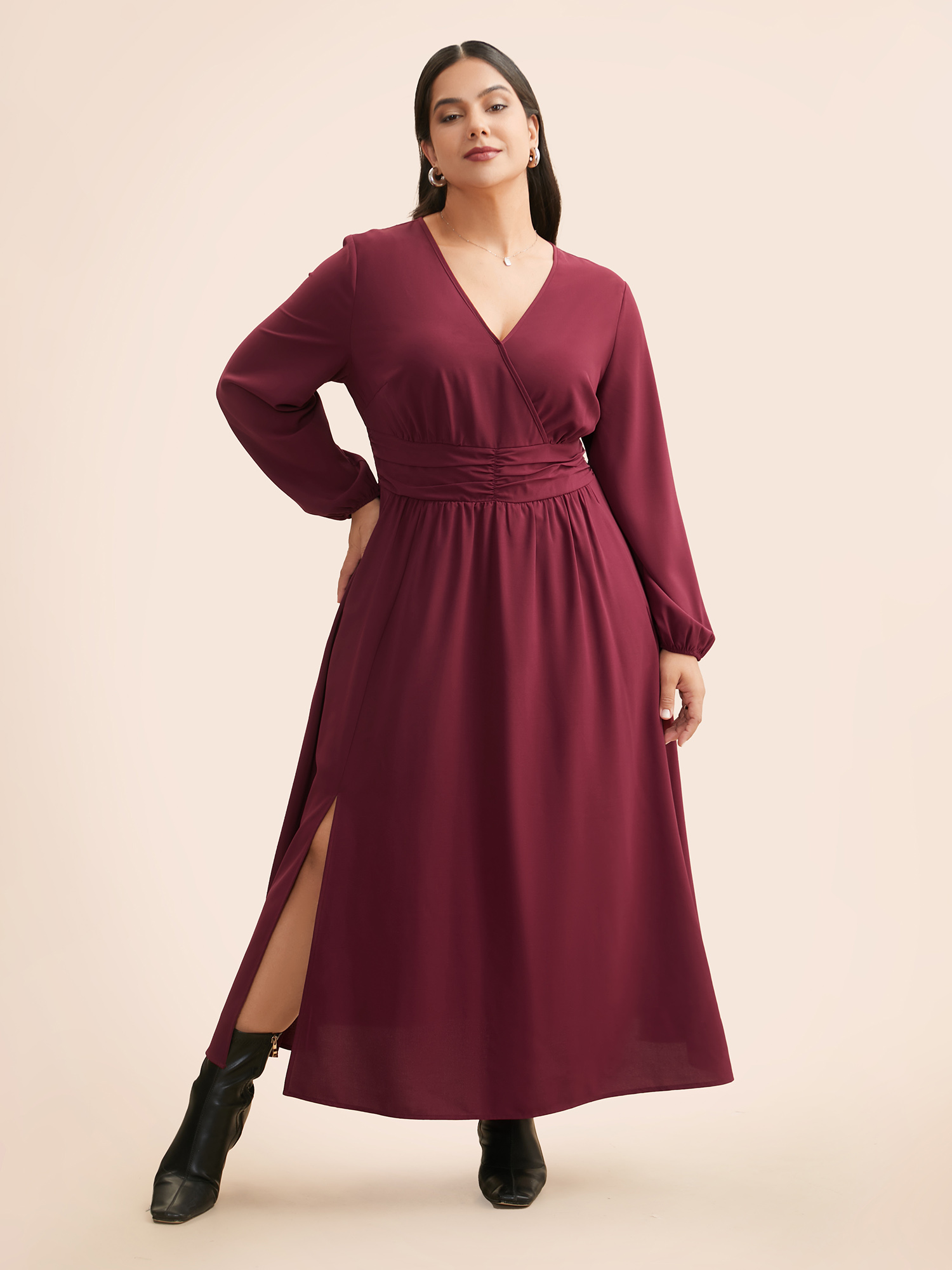 

Plus Size Overlap Collar Ruched Lantern Sleeve Maxi Dress Burgundy Women Elegant Gathered Overlap Collar Long Sleeve Curvy BloomChic