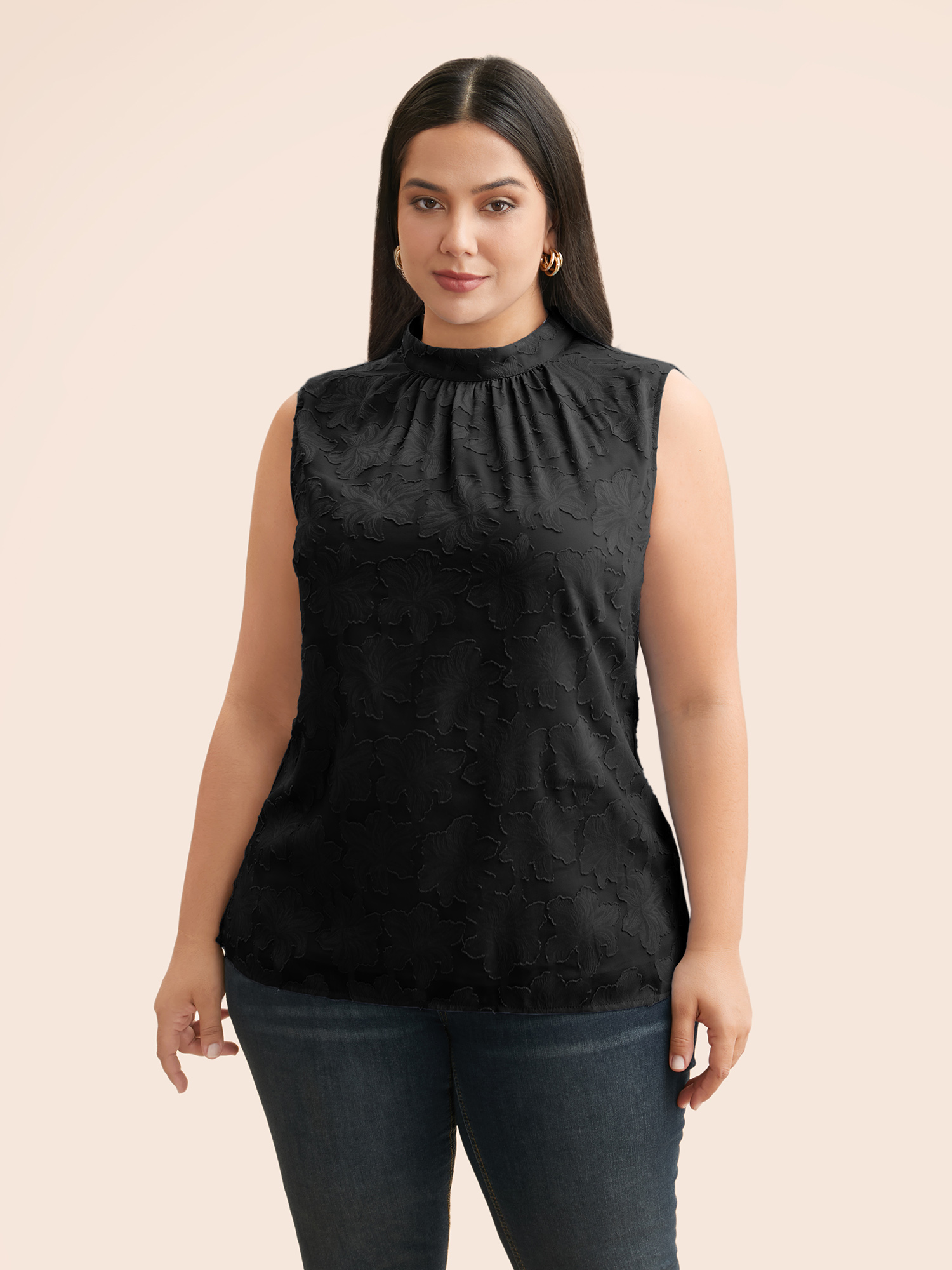 

Plus Size Textured Stand Collar Gathered Tank Top Women Black Elegant Texture Stand-up collar Everyday Tank Tops Camis BloomChic