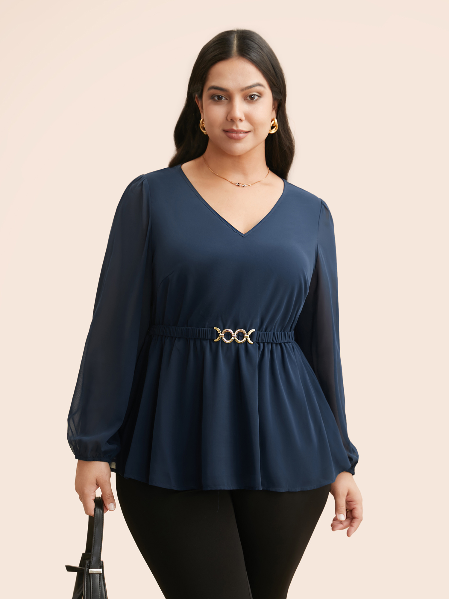 

Plus Size Indigo V Neck Metal Detail Gathered Blouse Women At the Office Long Sleeve V-neck Work Blouses BloomChic