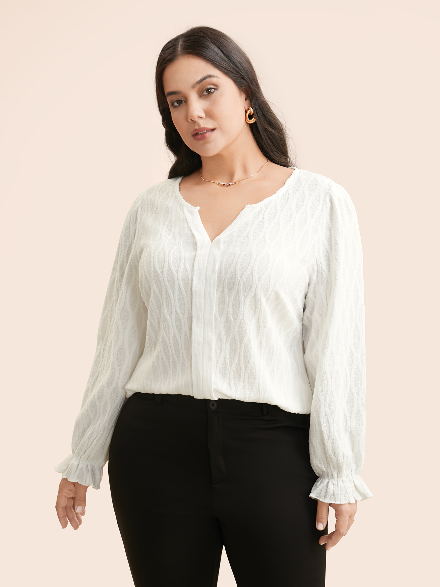 

Plus Size Originalwhite Plain Textured Notched Lantern Sleeve Blouse Women Casual Long Sleeve Notched collar Everyday Blouses BloomChic