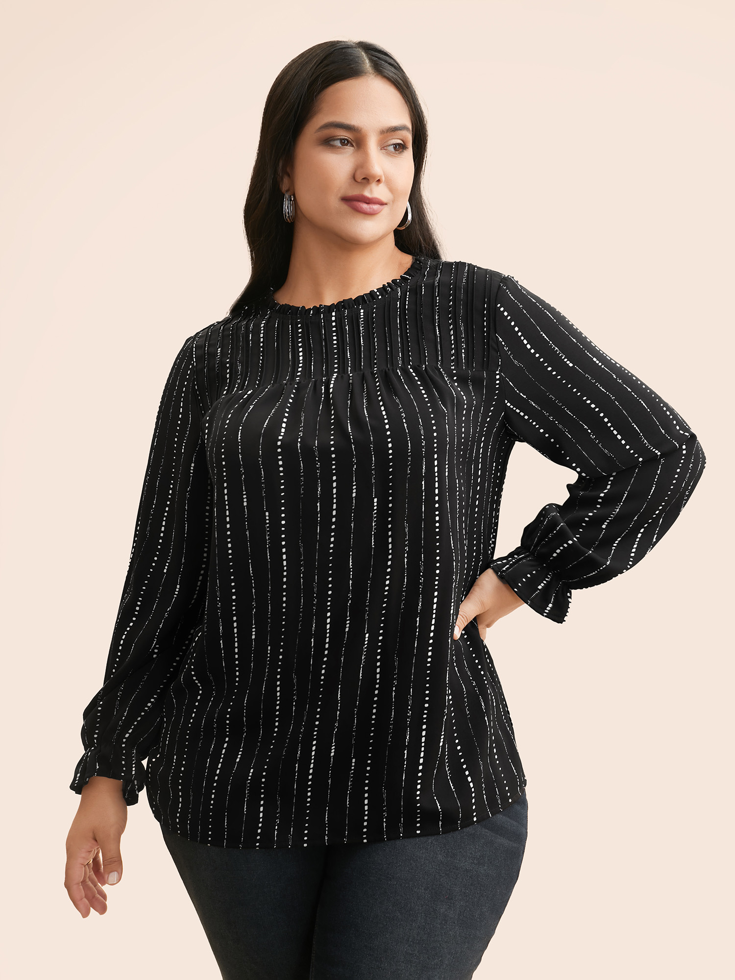 

Plus Size Black Striped Lantern Sleeve Ruffles Blouse Women At the Office Long Sleeve Stand-up collar Work Blouses BloomChic