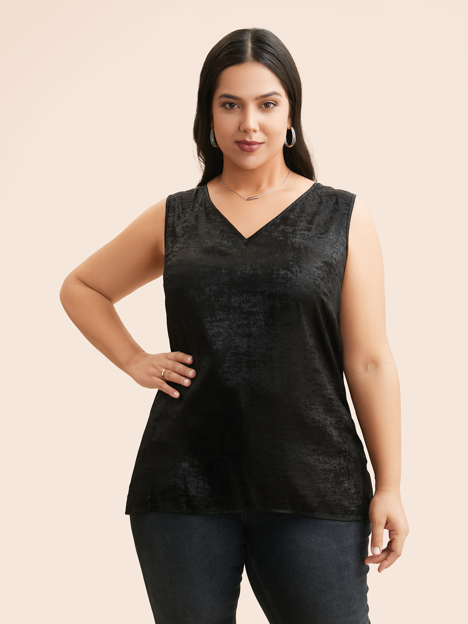 

Plus Size V Neck Metal Texture Patchwork Tank Top Women Black Casual Patchwork V-neck Everyday Tank Tops Camis BloomChic