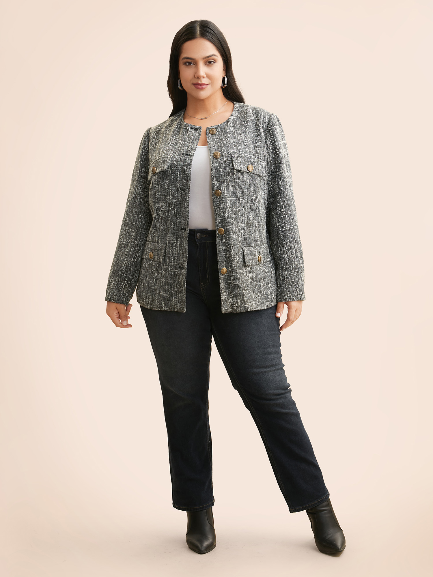 

Plus Size Tweed Button Up Flap Pocket Jacket Women Black Button Open pocket with flap Everyday Jackets BloomChic