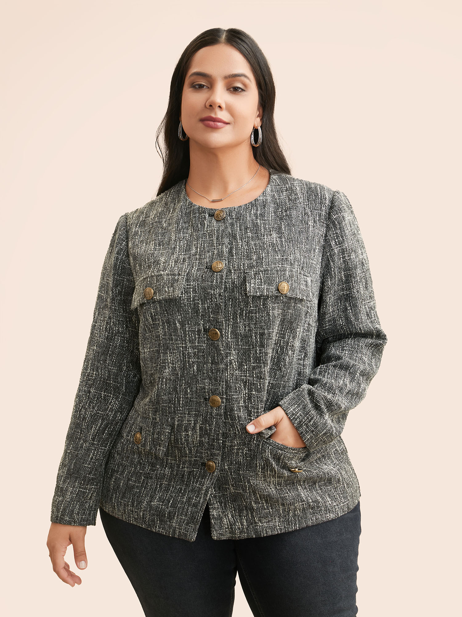 Plus Size Tweed Button Up Flap Pocket Jacket Women Black Button Open pocket with flap Everyday Jackets BloomChic 10/M 