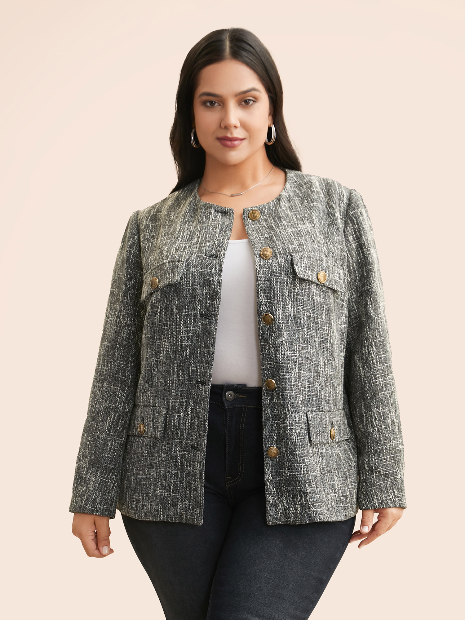 Plus Size Tweed Button Up Flap Pocket Jacket Women Black Button Open pocket with flap Everyday Jackets BloomChic 10/M 
