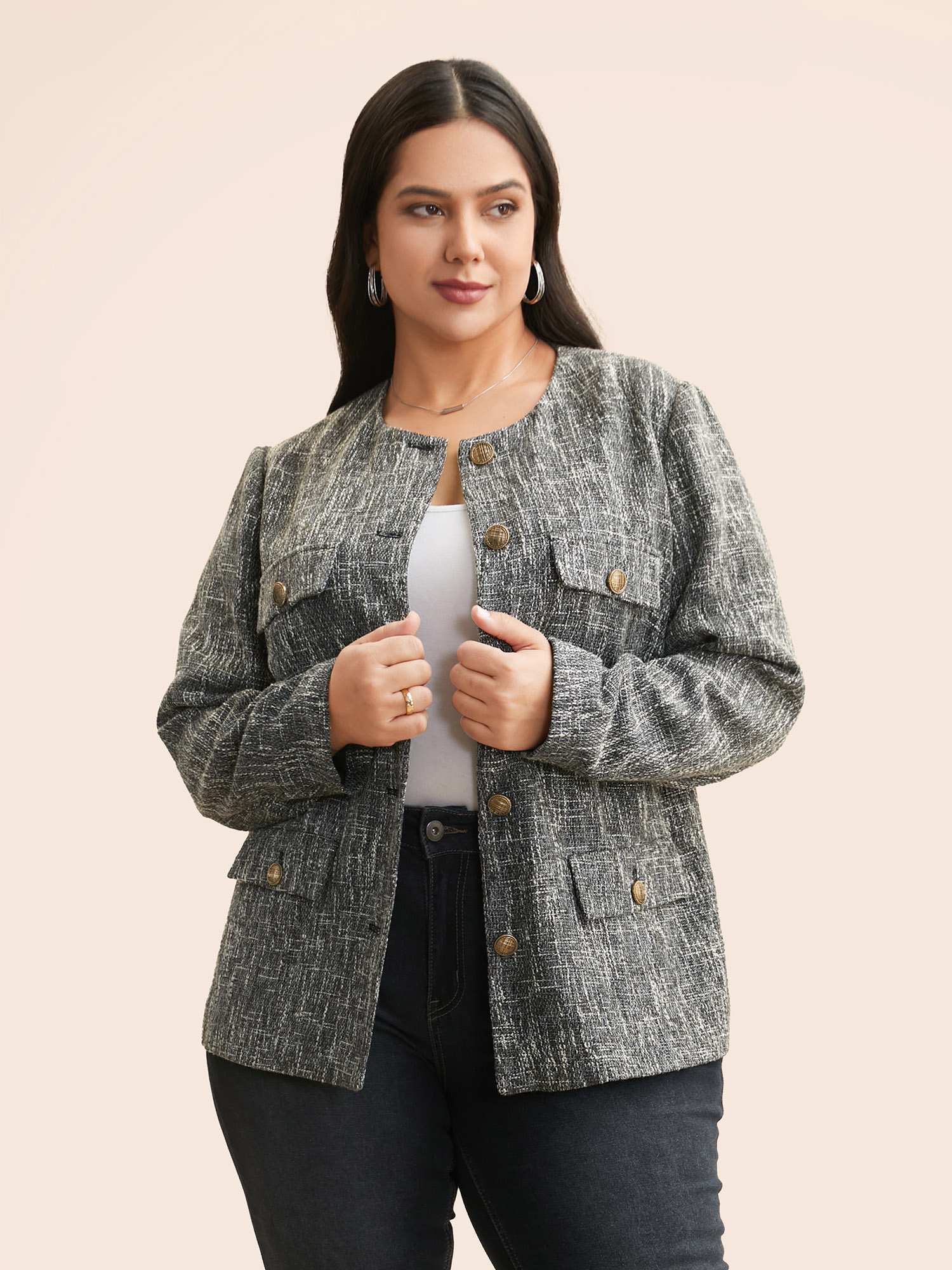 

Plus Size Tweed Button Up Flap Pocket Jacket Women Black Button Open pocket with flap Everyday Jackets BloomChic