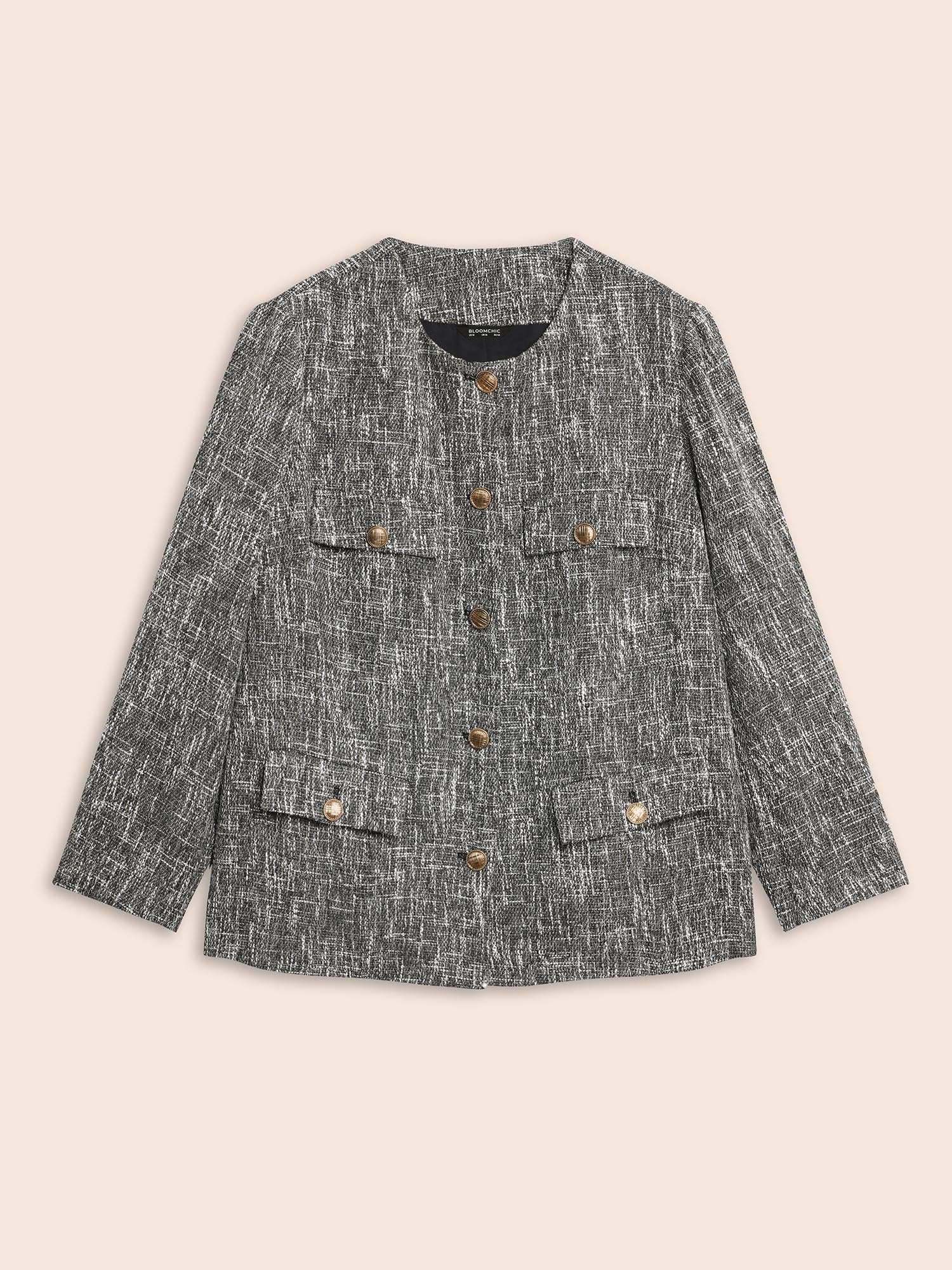 Plus Size Tweed Button Up Flap Pocket Jacket Women Black Button Open pocket with flap Everyday Jackets BloomChic 10/M 