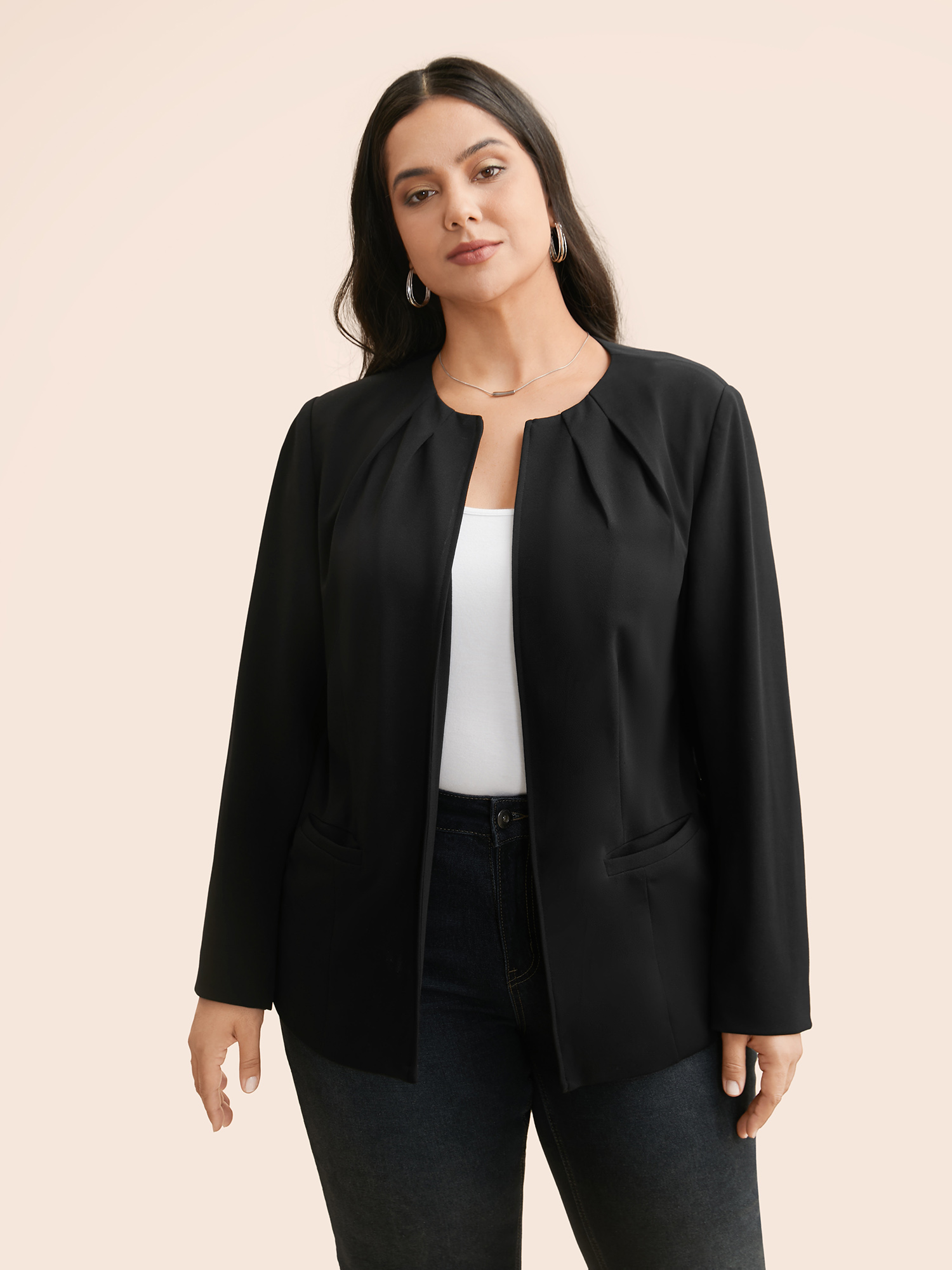 

Plus Size Long Sleeve Open Front Pleated Blazer Black Women Everyday Pleated Sleeve Long Sleeve Asymmetrical Neck  Single-flap pocket Elegant Blazers BloomChic