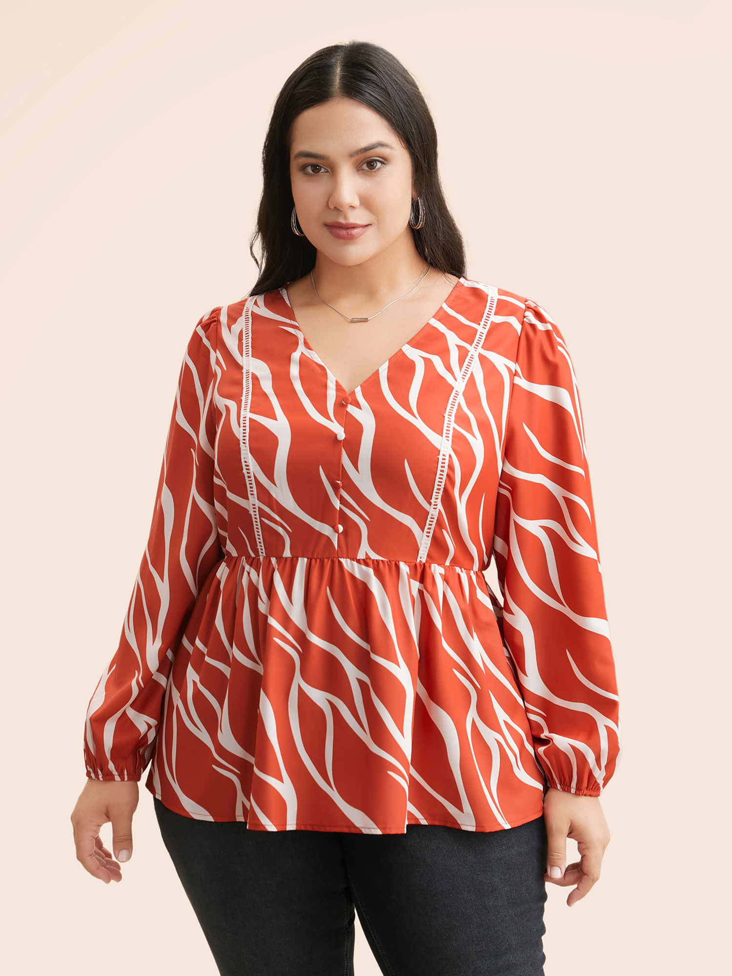 

Plus Size OrangeRed Geometric Contrast Webbing Button Detail Blouse Women At the Office Long Sleeve V-neck Work Blouses BloomChic