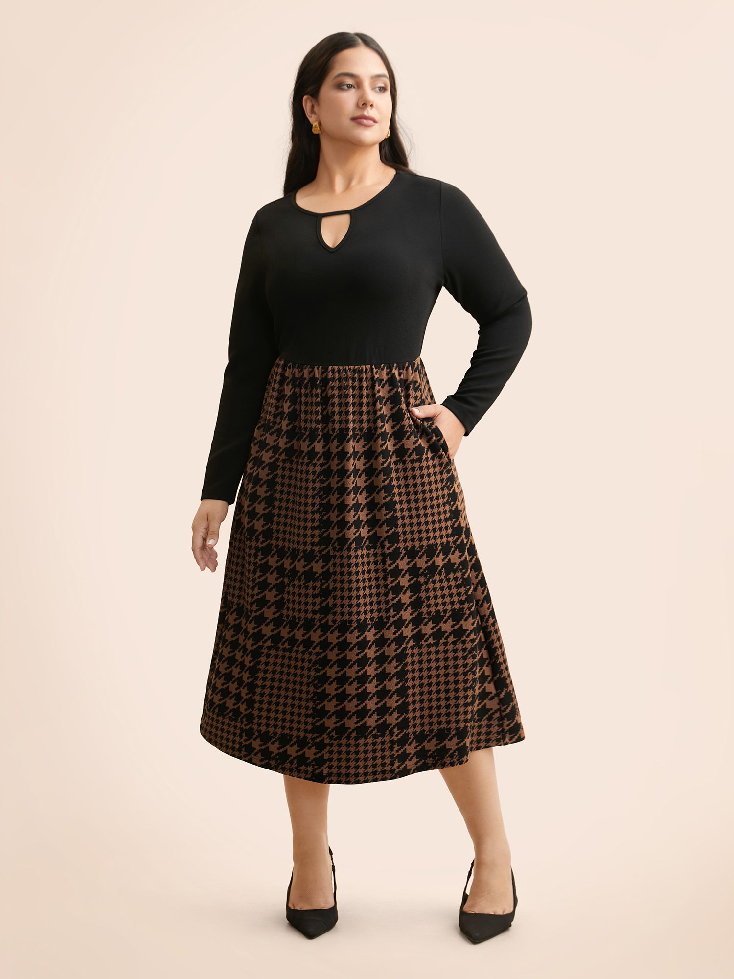 

Plus Size Houndstooth Patchwork Cut Out Midi Dress Browncoffeecolor Women At the Office Patchwork Round Neck Long Sleeve Curvy BloomChic