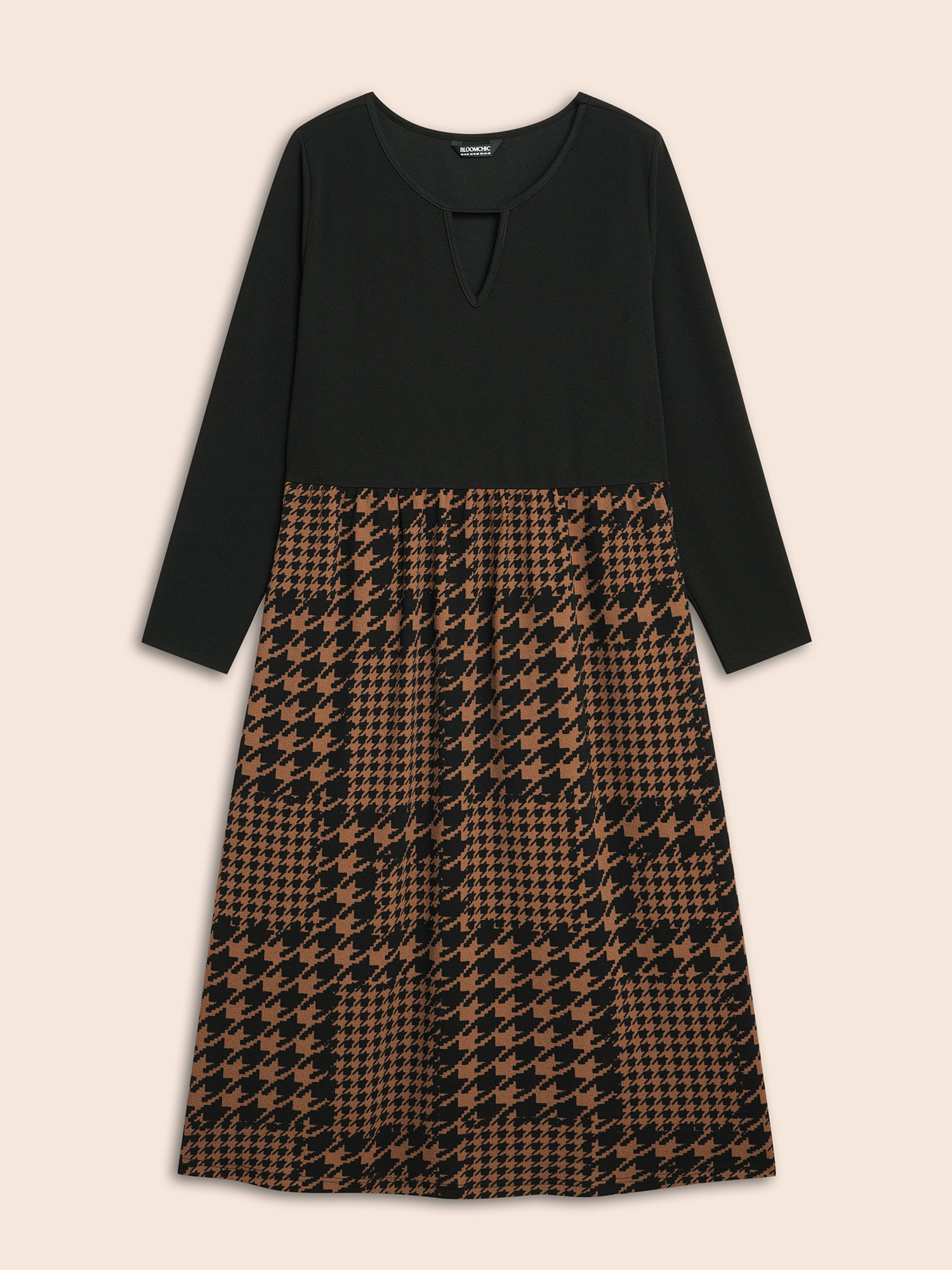 

Plus Size Houndstooth Patchwork Cut Out Midi Dress Browncoffeecolor Women At the Office Patchwork Round Neck Long Sleeve Curvy BloomChic