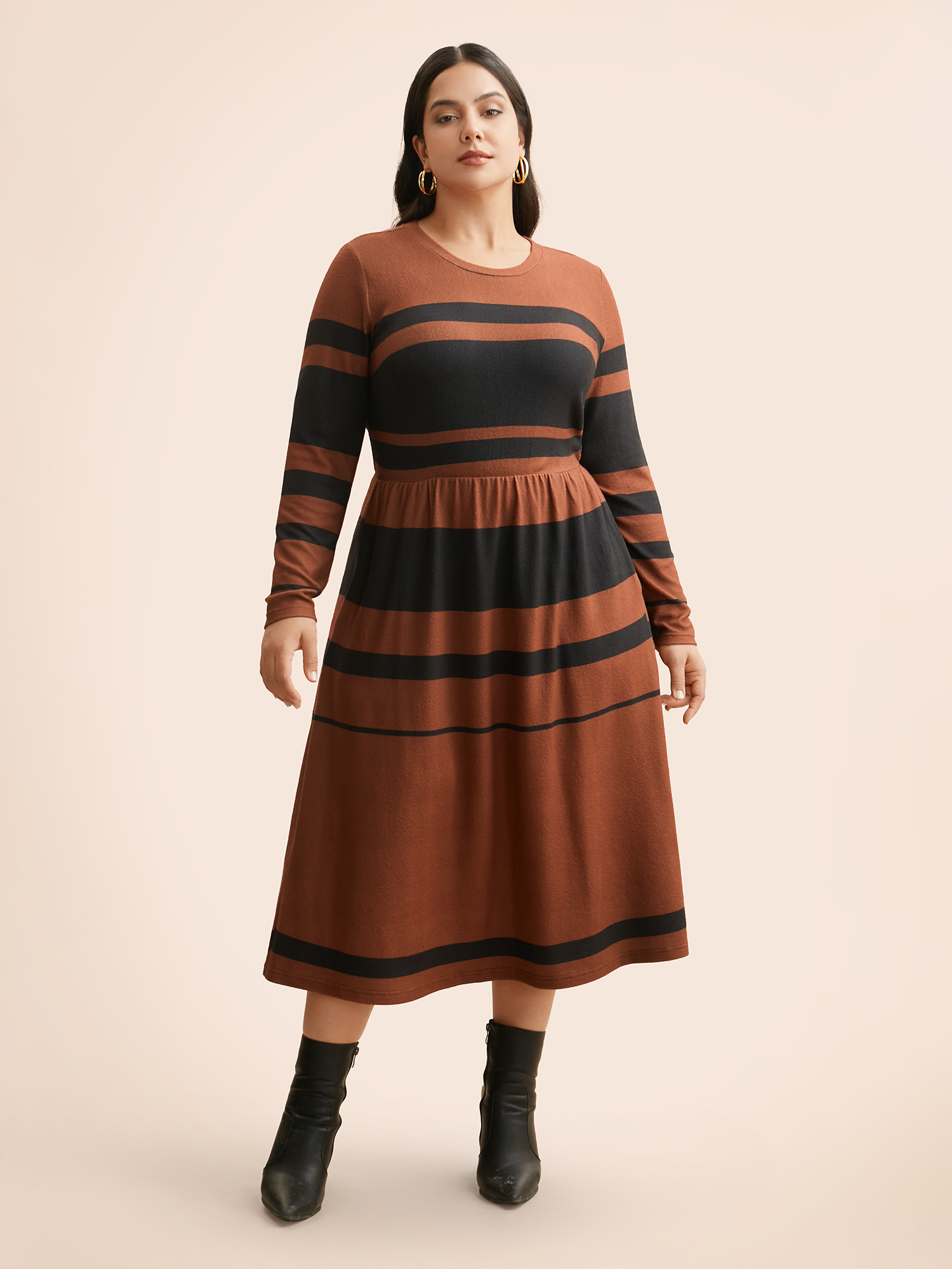 

Plus Size Crew Neck Striped Patchwork Elastic Waist Dress Maroon Women At the Office Contrast Round Neck Long Sleeve Curvy BloomChic