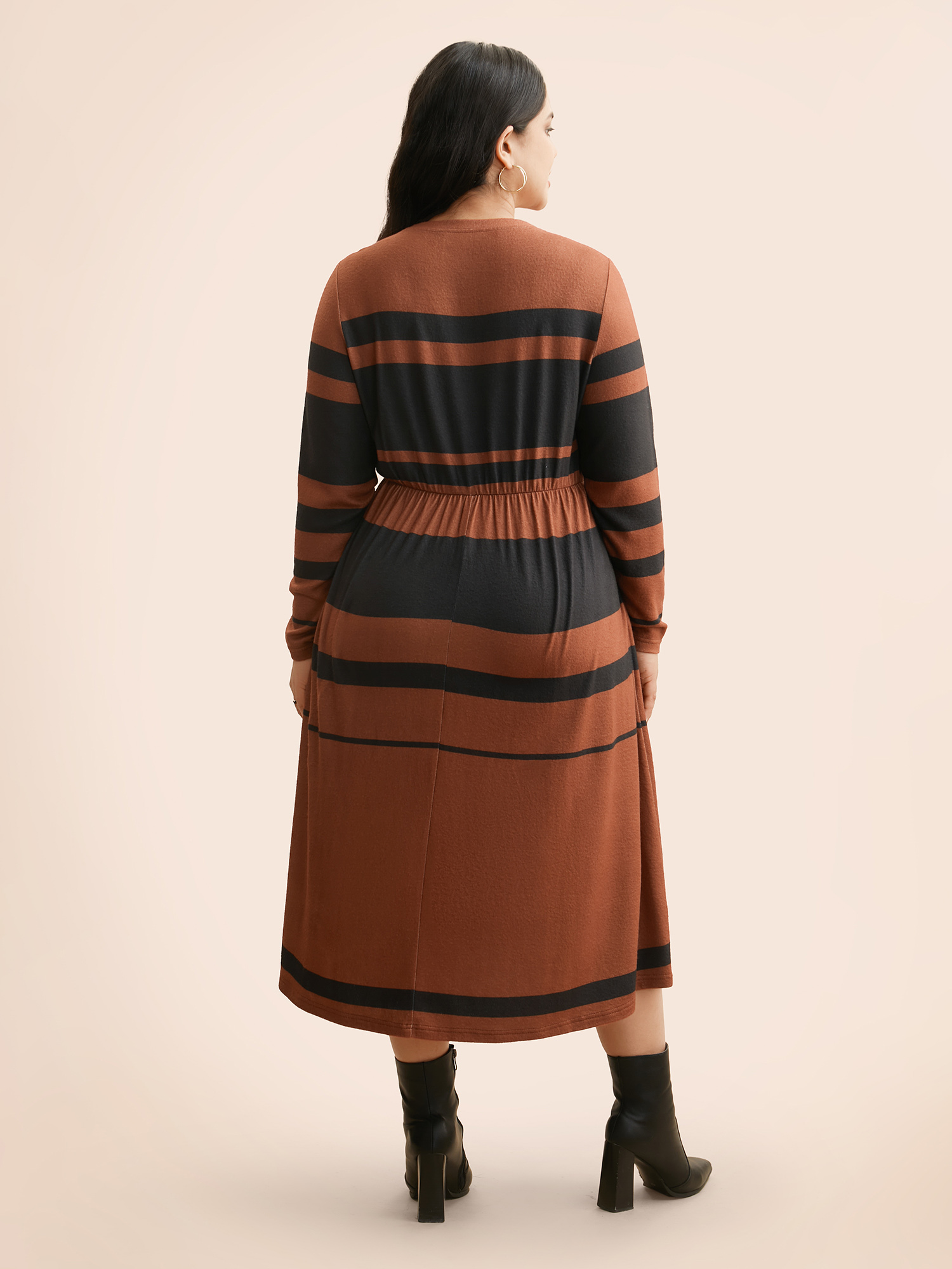 

Plus Size Crew Neck Striped Patchwork Elastic Waist Dress Maroon Women At the Office Contrast Round Neck Long Sleeve Curvy BloomChic