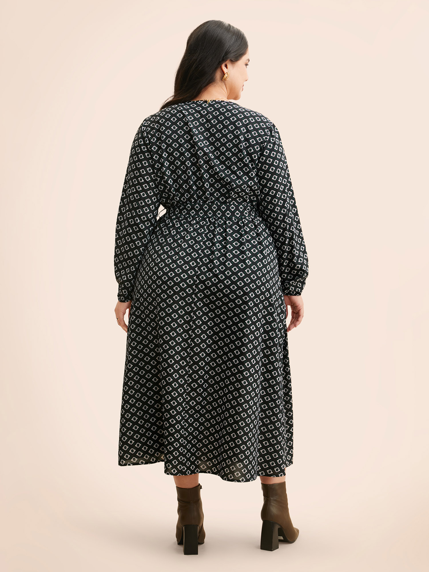 

Plus Size Geometric Overlap Collar Belted Dress Black Women At the Office Belted Overlap Collar Long Sleeve Curvy BloomChic