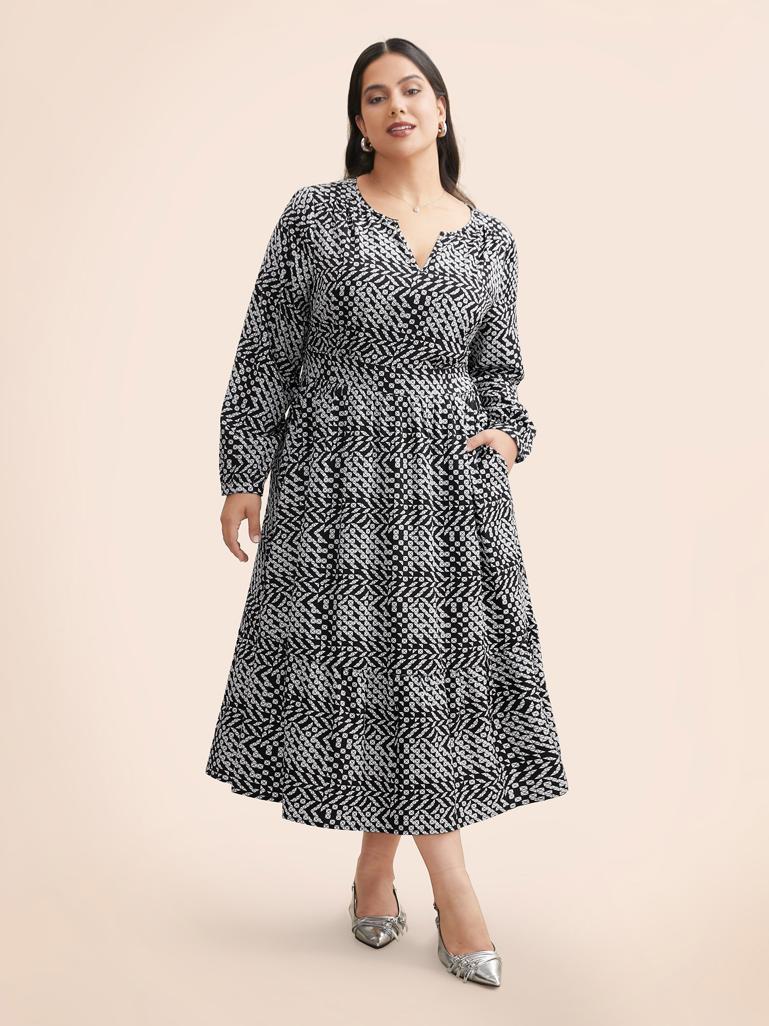 

Plus Size Geometric Notched Lantern Sleeve Midi Dress BlackFlower Women At the Office Shirred Flat collar with V-notch Long Sleeve Curvy BloomChic