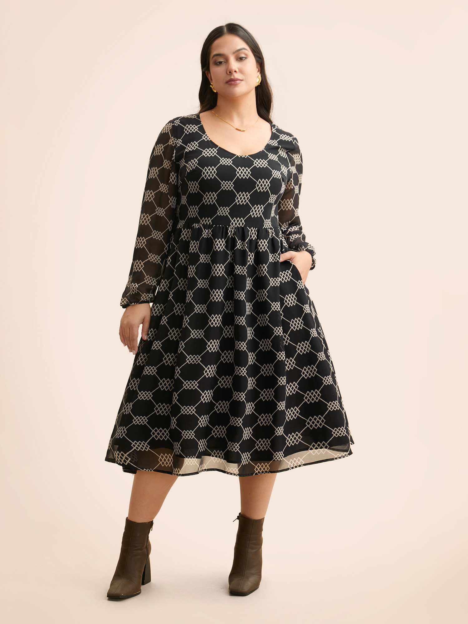 

Plus Size U Neck Geometric Mesh Dress BlackFlower Women At the Office See through U-neck Long Sleeve Curvy BloomChic