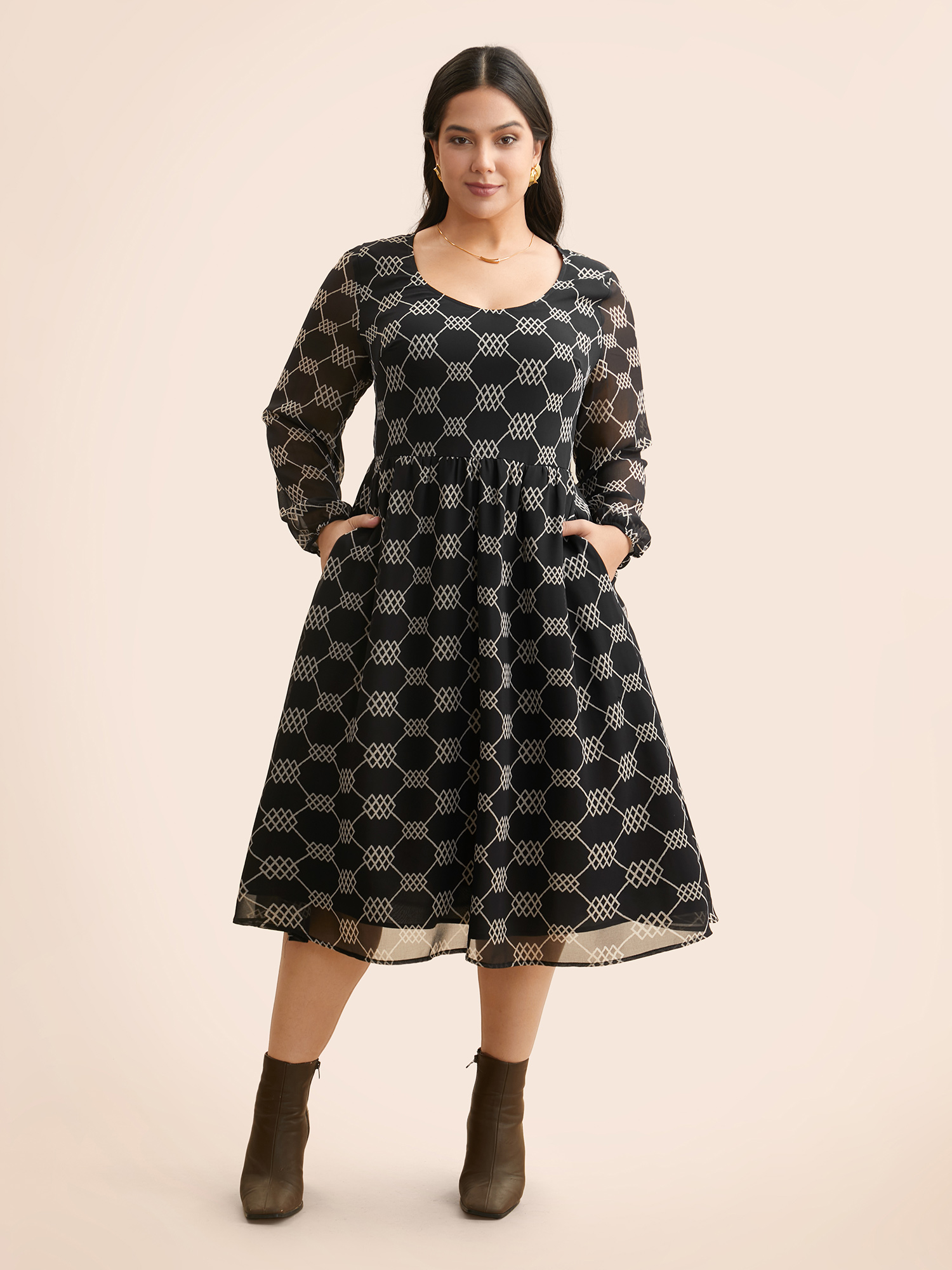 Plus Size U Neck Geometric Mesh Dress BlackFlower Women At the Office See through U-neck Long Sleeve Curvy BloomChic 26/4X 