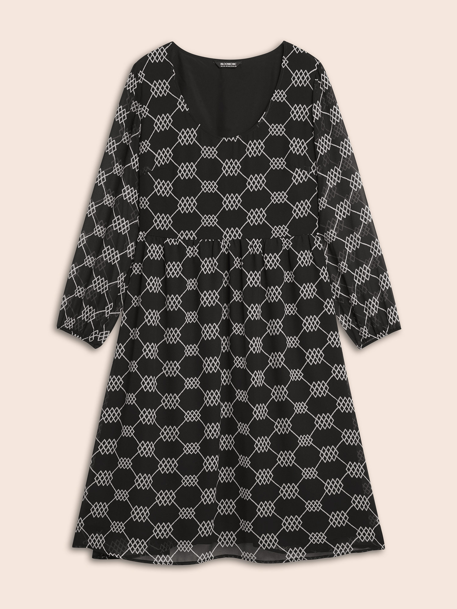 Plus Size U Neck Geometric Mesh Dress BlackFlower Women At the Office See through U-neck Long Sleeve Curvy BloomChic 26/4X 