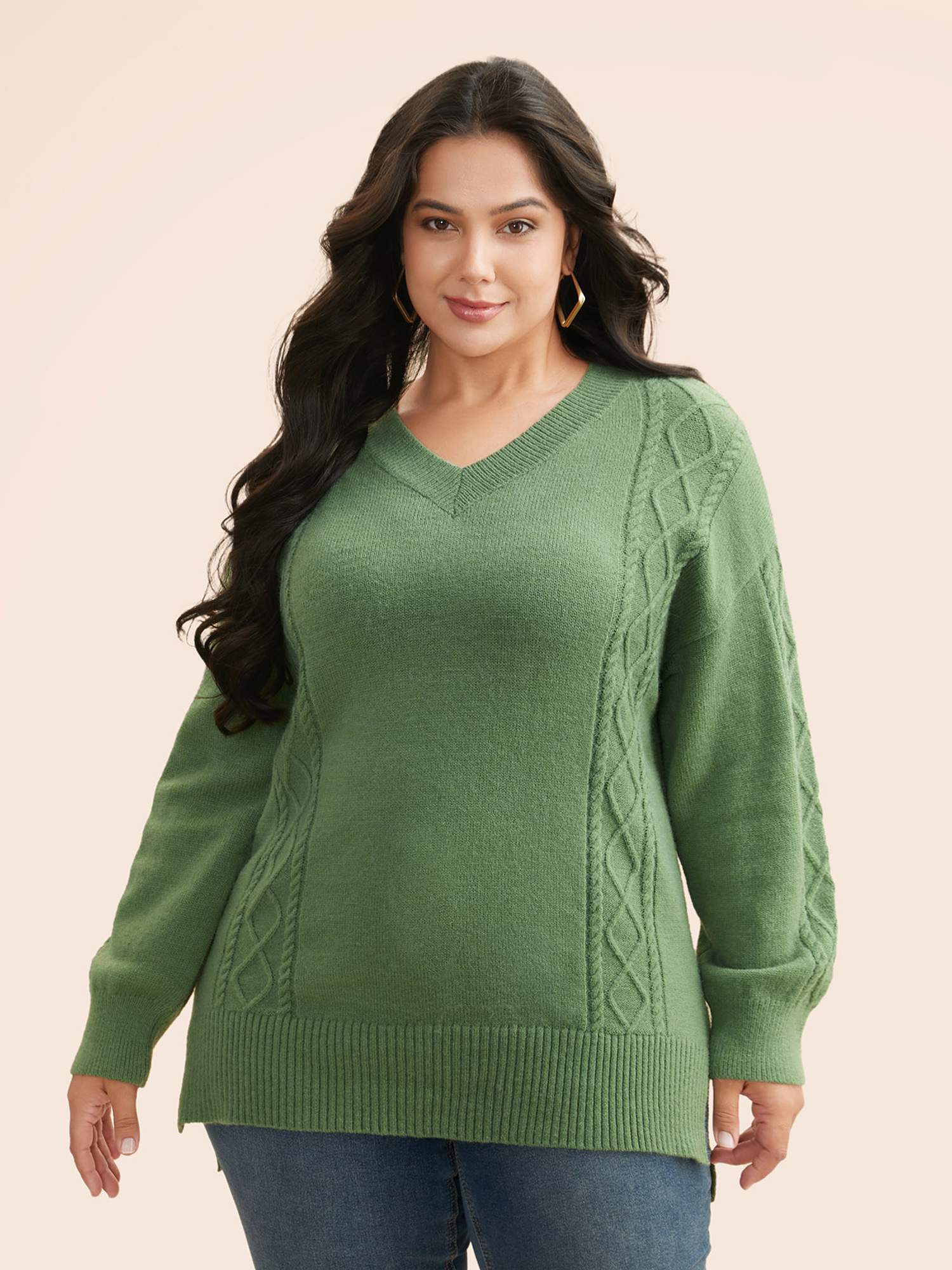 

Plus Size Cable Knit Drop Shoulder Slit Hem Pullover LightGreen Women Casual Long Sleeve V-neck Everyday Pullovers BloomChic