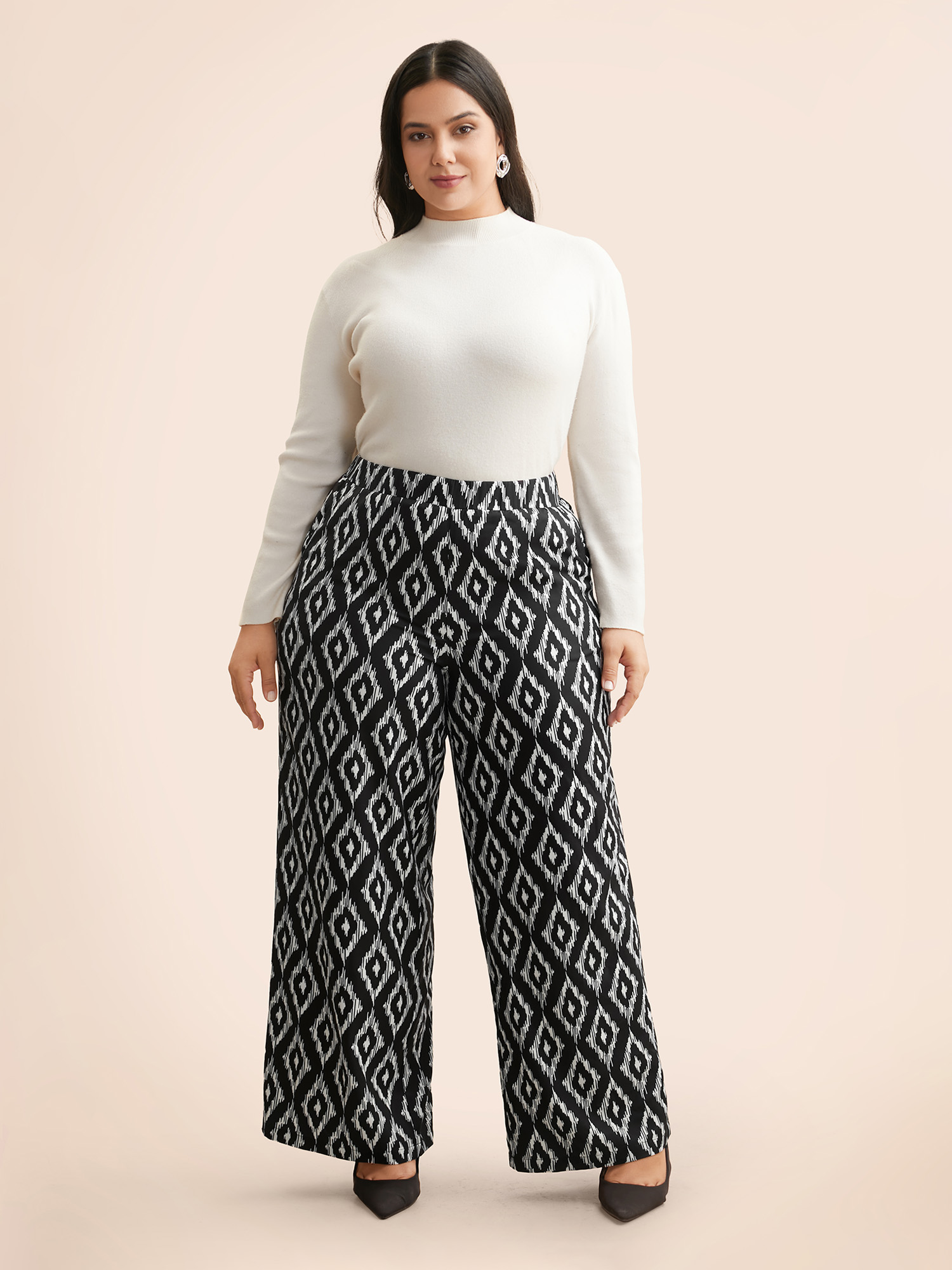 Plus Size Geometric Mid Rise Pocket Pants Women Black At the Office Wide Leg Mid Rise Work Pants BloomChic 18-20/2X 
