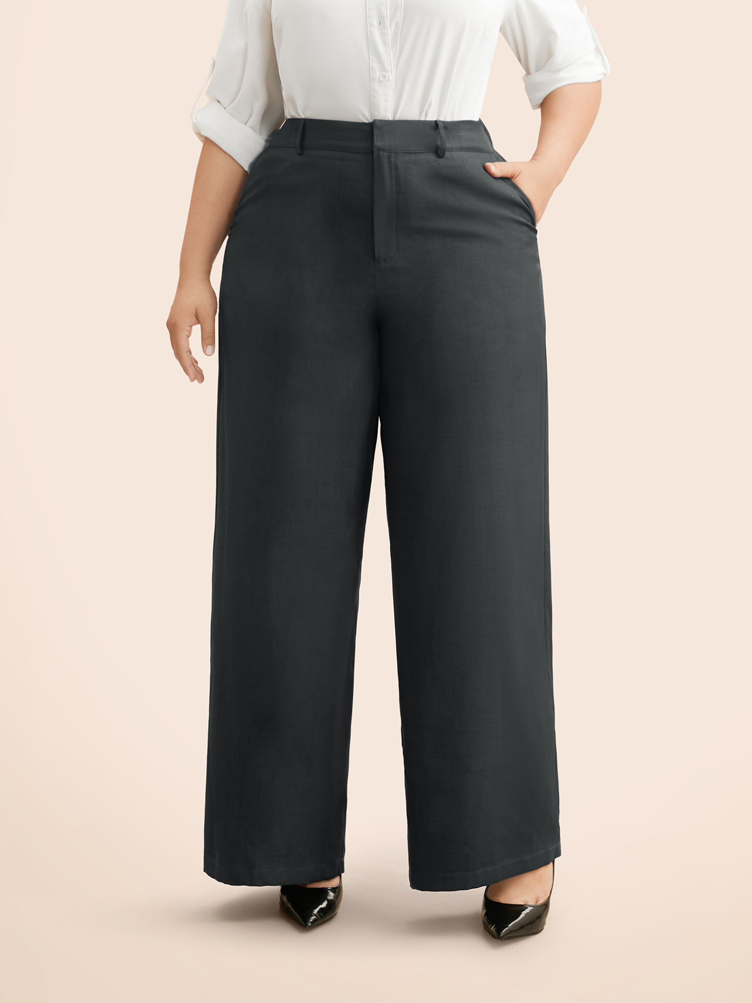 

Plus Size Mid Rise Textured Wide Leg Pants Women DimGray At the Office Wide Leg Mid Rise Work Pants BloomChic