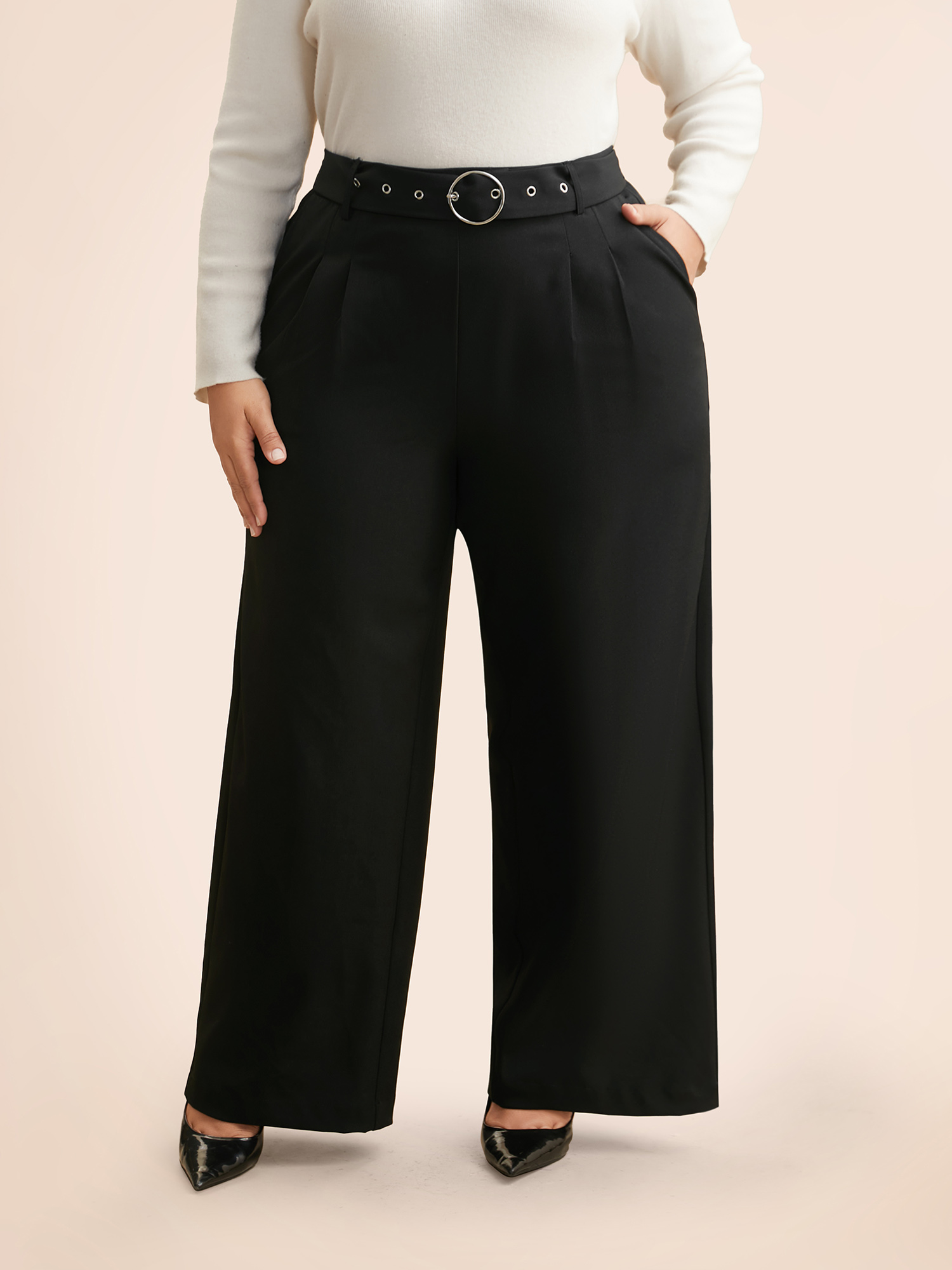 

Plus Size Mid Rise Belted Wide Leg Pants Women Black At the Office Wide Leg Mid Rise Work Pants BloomChic