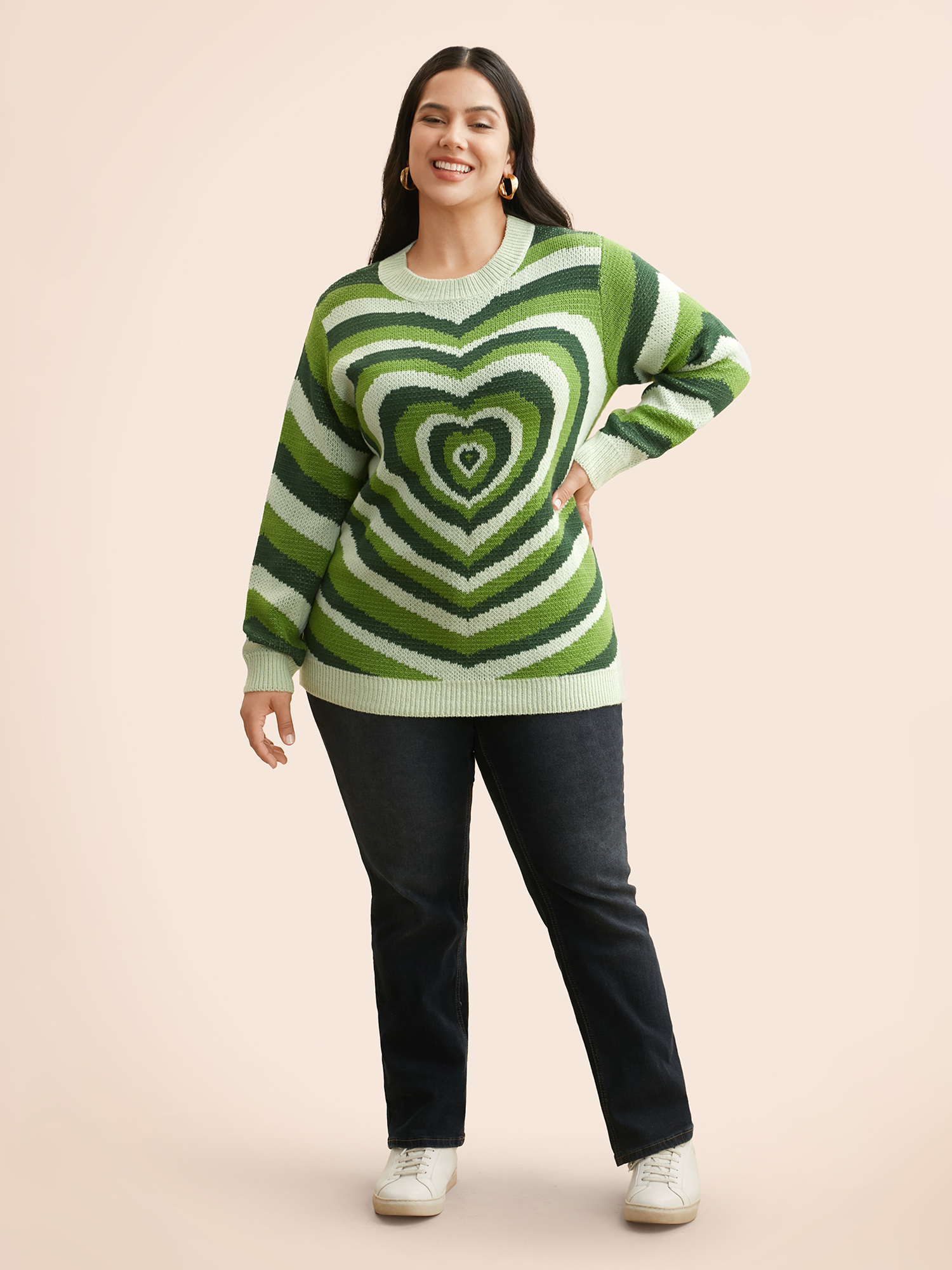 

Plus Size Crew Neck Contrast Heart Jacquard Pullover Greenbean Women Casual Loose Long Sleeve Round Neck Everyday Pullovers BloomChic