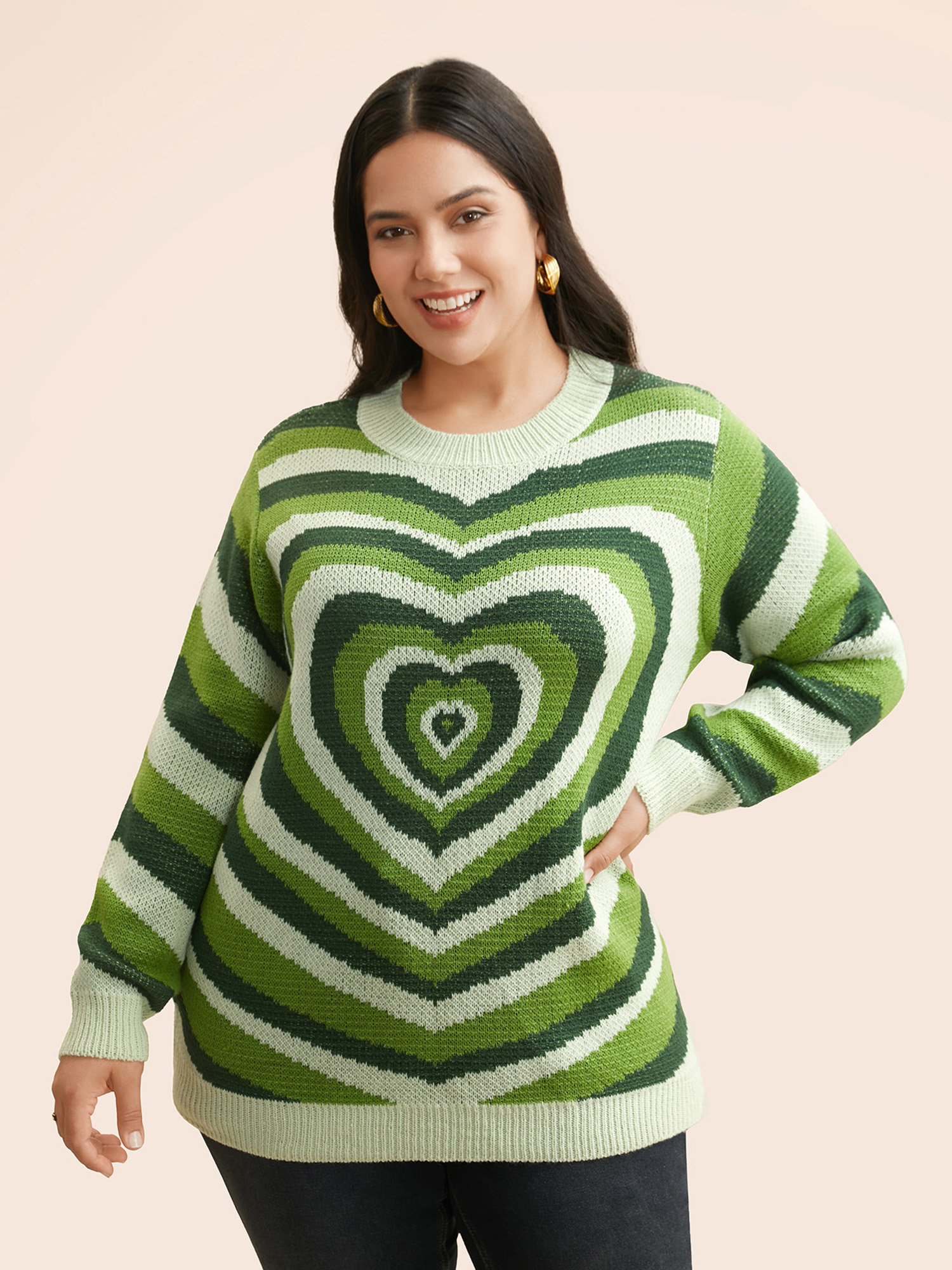 

Plus Size Crew Neck Contrast Heart Jacquard Pullover Greenbean Women Casual Loose Long Sleeve Round Neck Everyday Pullovers BloomChic