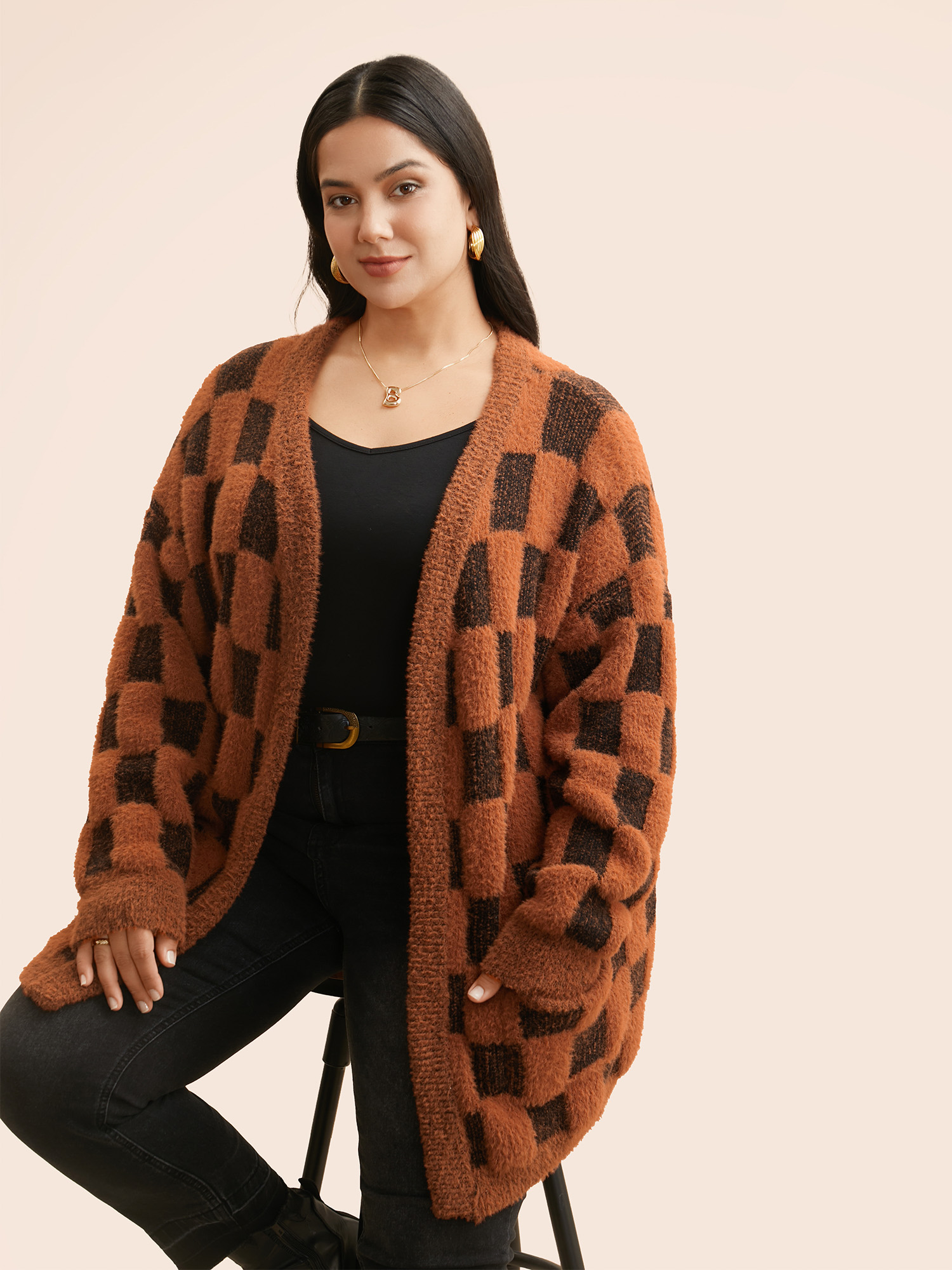 

Plus Size Plaid Fluffy Patched Pocket Cardigan Yellowishbrown Women Casual Loose Long Sleeve Everyday Cardigans BloomChic