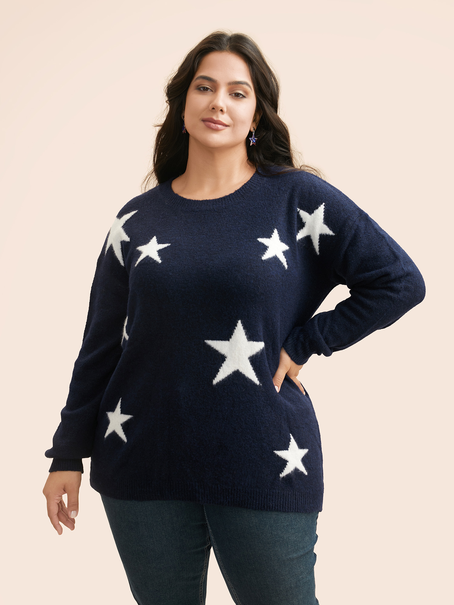 

Plus Size Star Jacquard Crew Neck Pullover Indigo Women Casual Loose Long Sleeve Round Neck Everyday Pullovers BloomChic